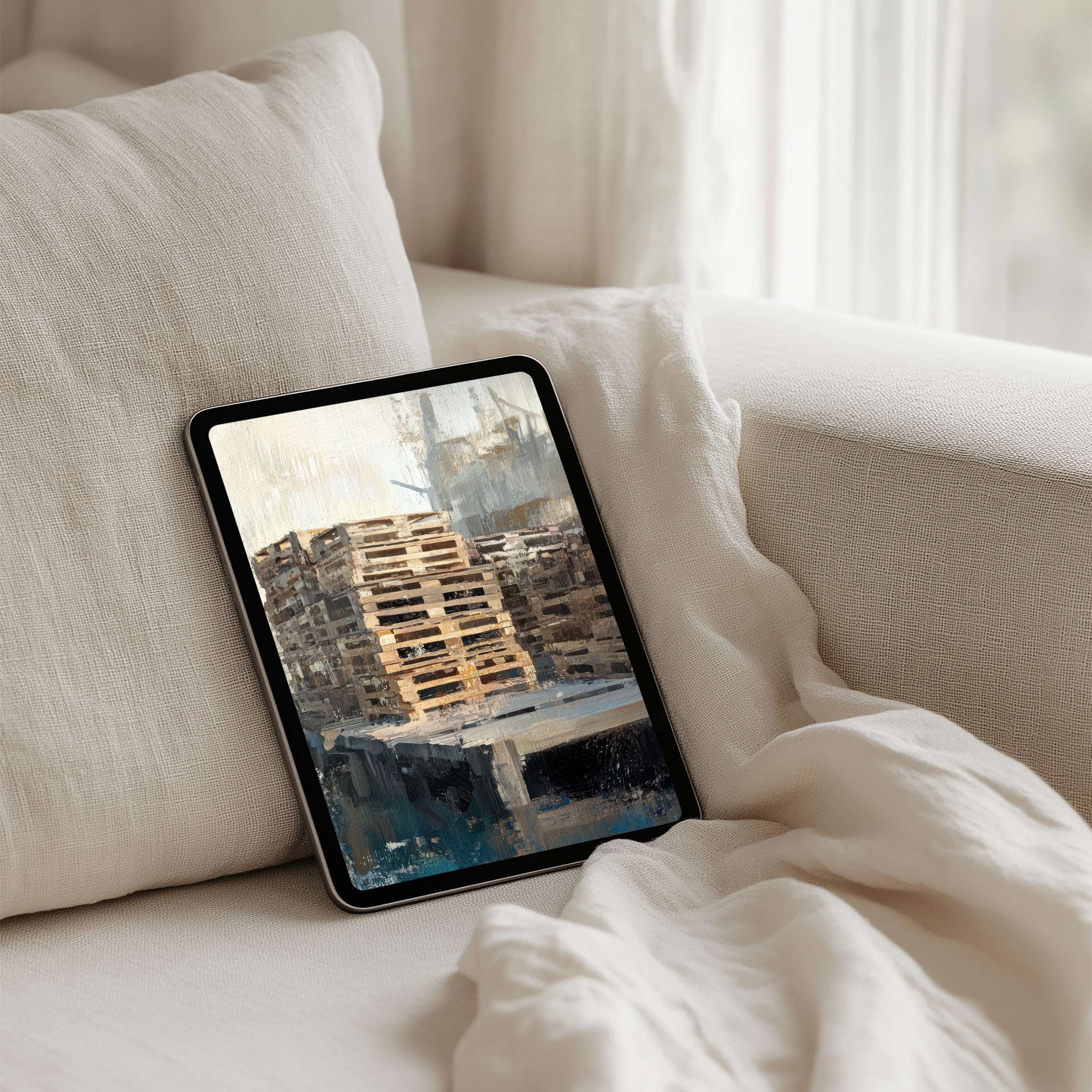 Calming abstract cityscape in neutral tones as an iPad background for elegant tablet decor instant download for tranquility