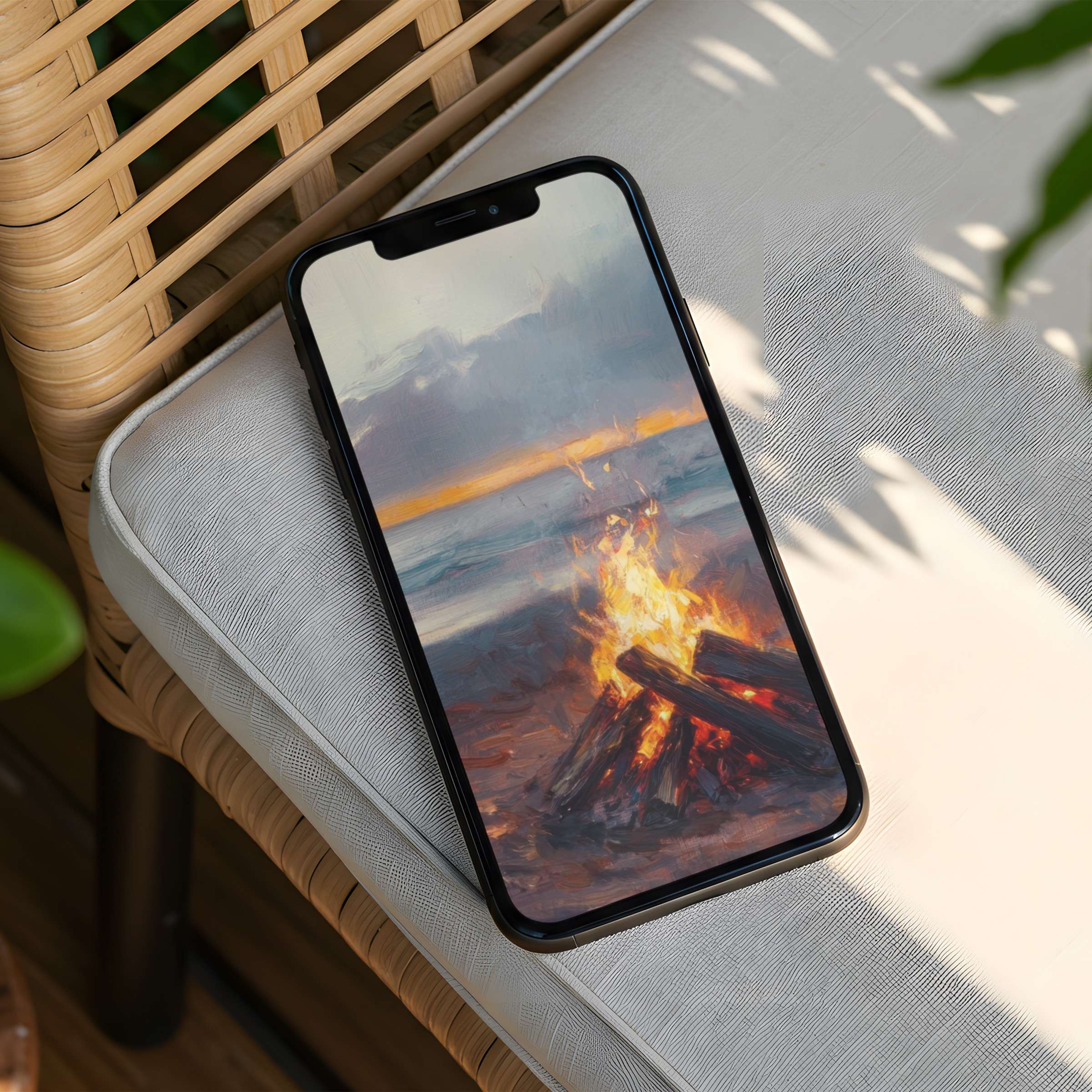 Elegant iPhone background with serene sunset beach bonfire art for phone screens brings calm and inspiration with instant download