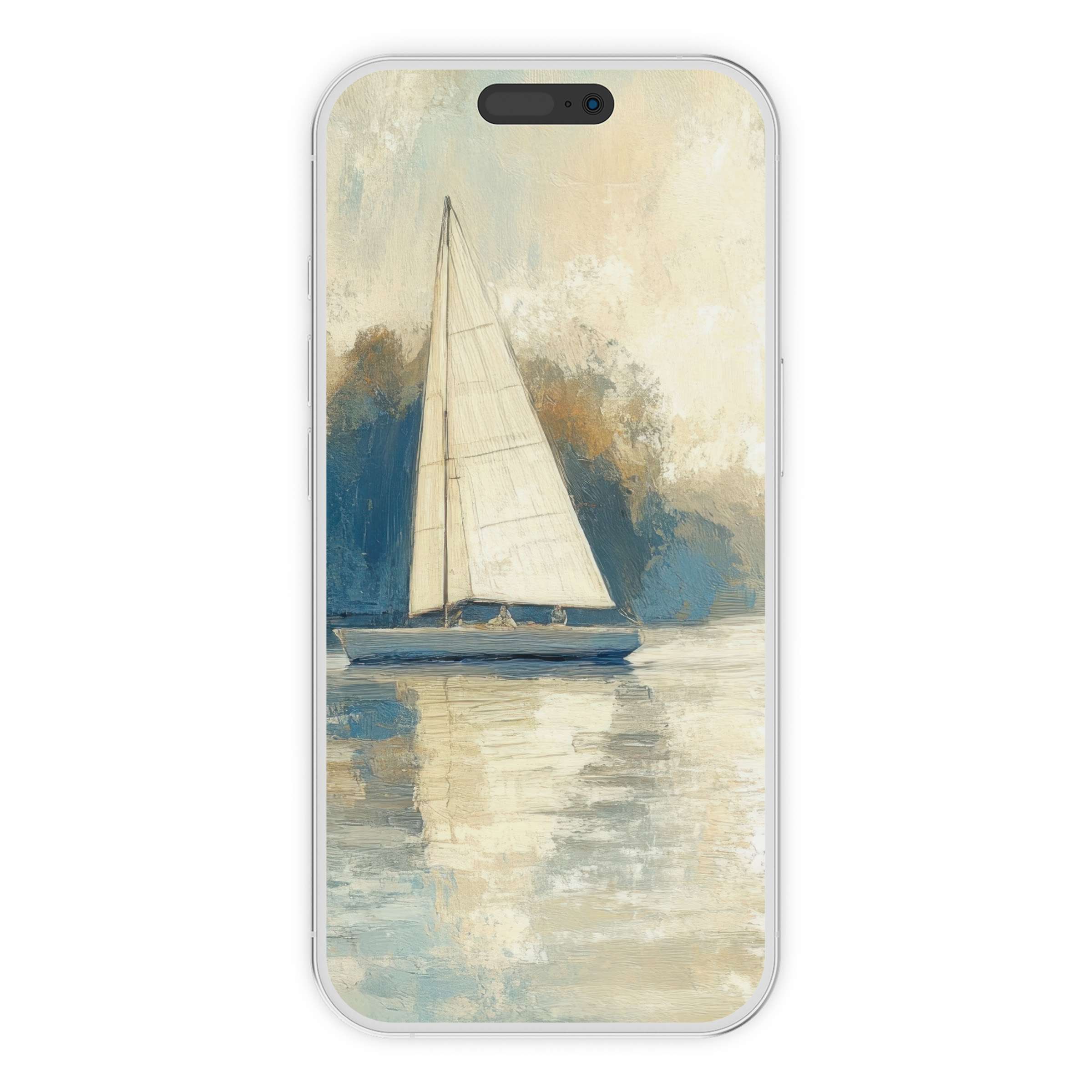 Coastal iPhone wallpaper featuring a serene sailboat scene in calming blues and creams ideal as a digital download phone background