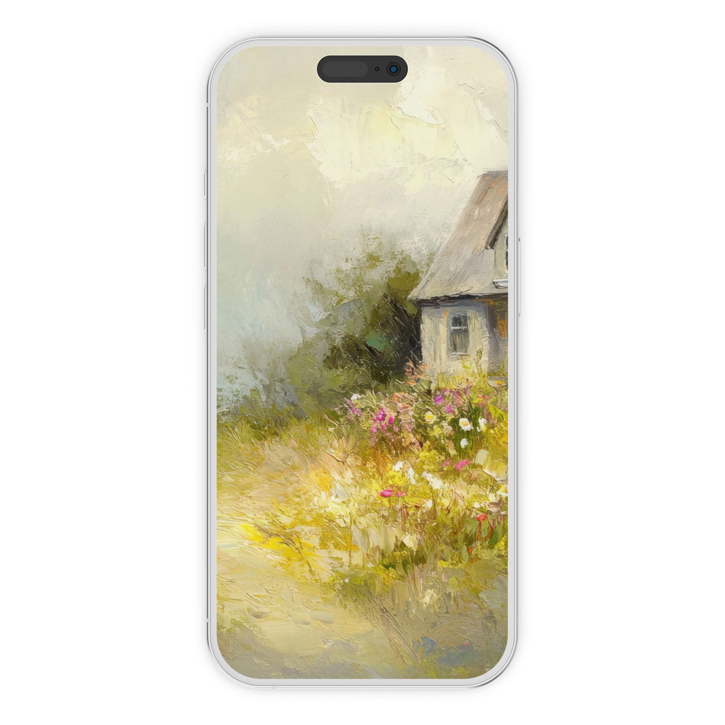 Coastal iPhone wallpaper with a serene cottage and wildflowers in soft pastels digital download perfect background for any phone