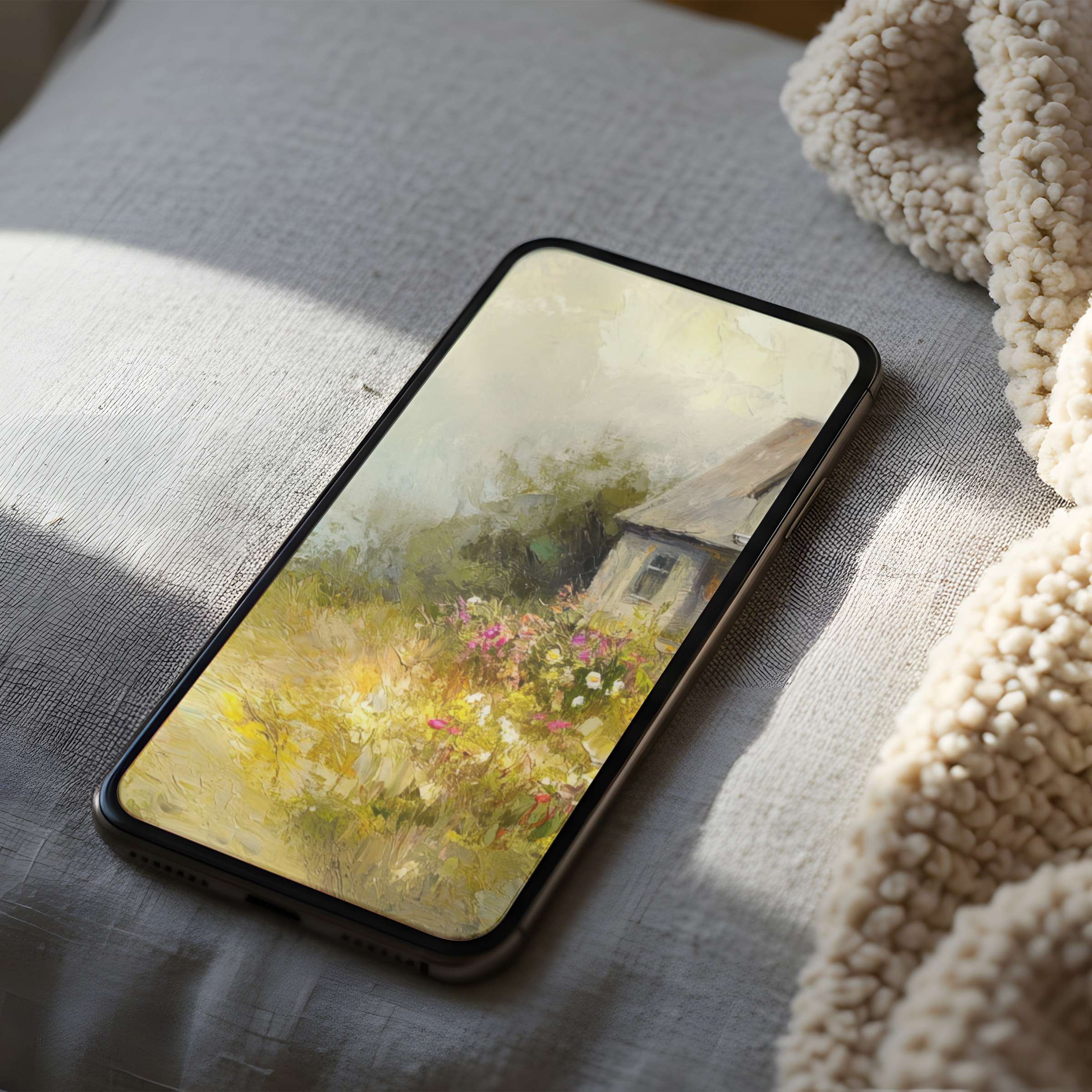 Dreamy landscape phone wallpaper featuring a serene cottage, floral fields, and soft hues for an elegant, high-resolution digital download