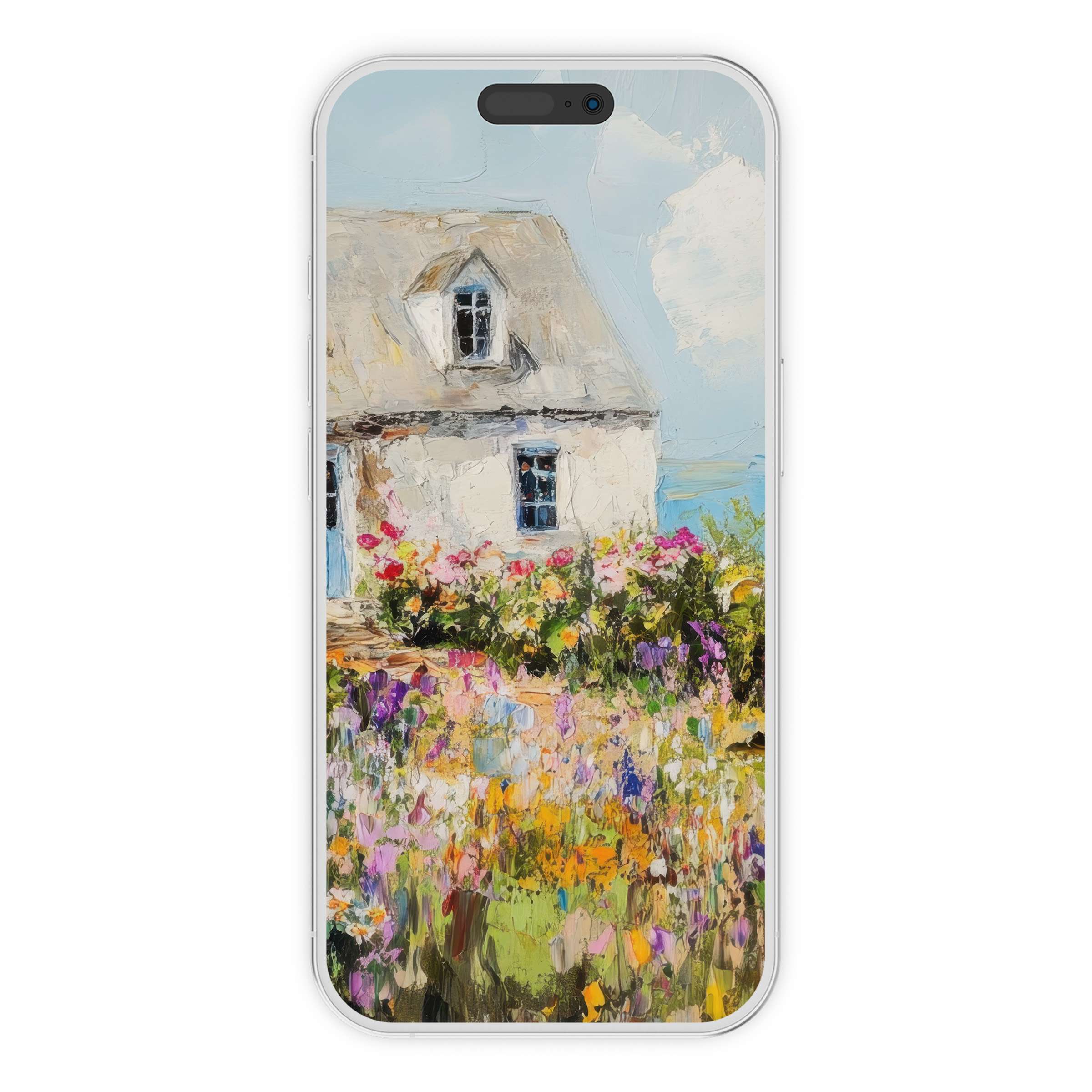 Coastal iPhone wallpaper digital download features a serene cottage and floral garden, perfect phone background for all devices