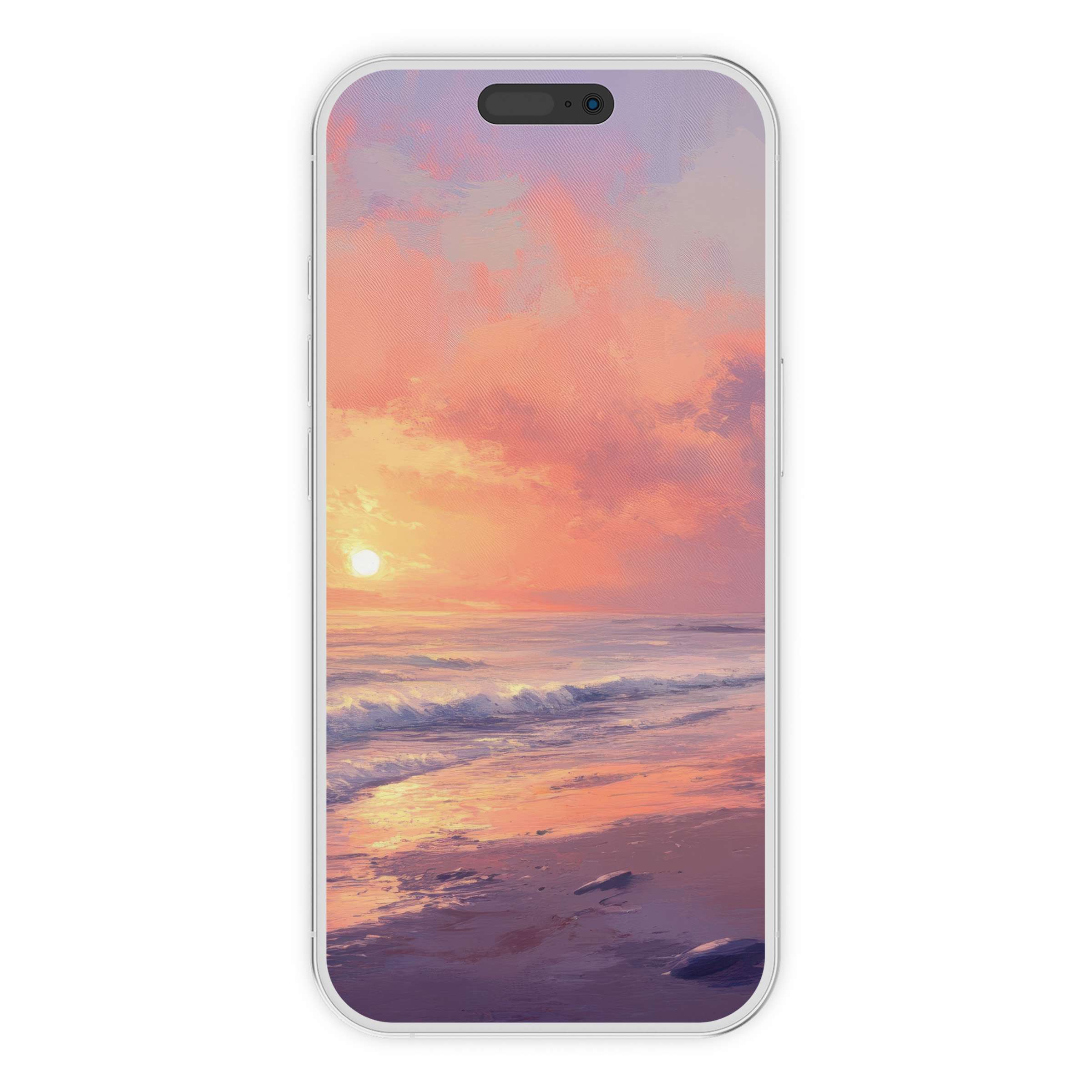 Coastal iPhone wallpaper with serene sunset, pastel hues, and tranquil waves offers a calming digital download for phone backgrounds
