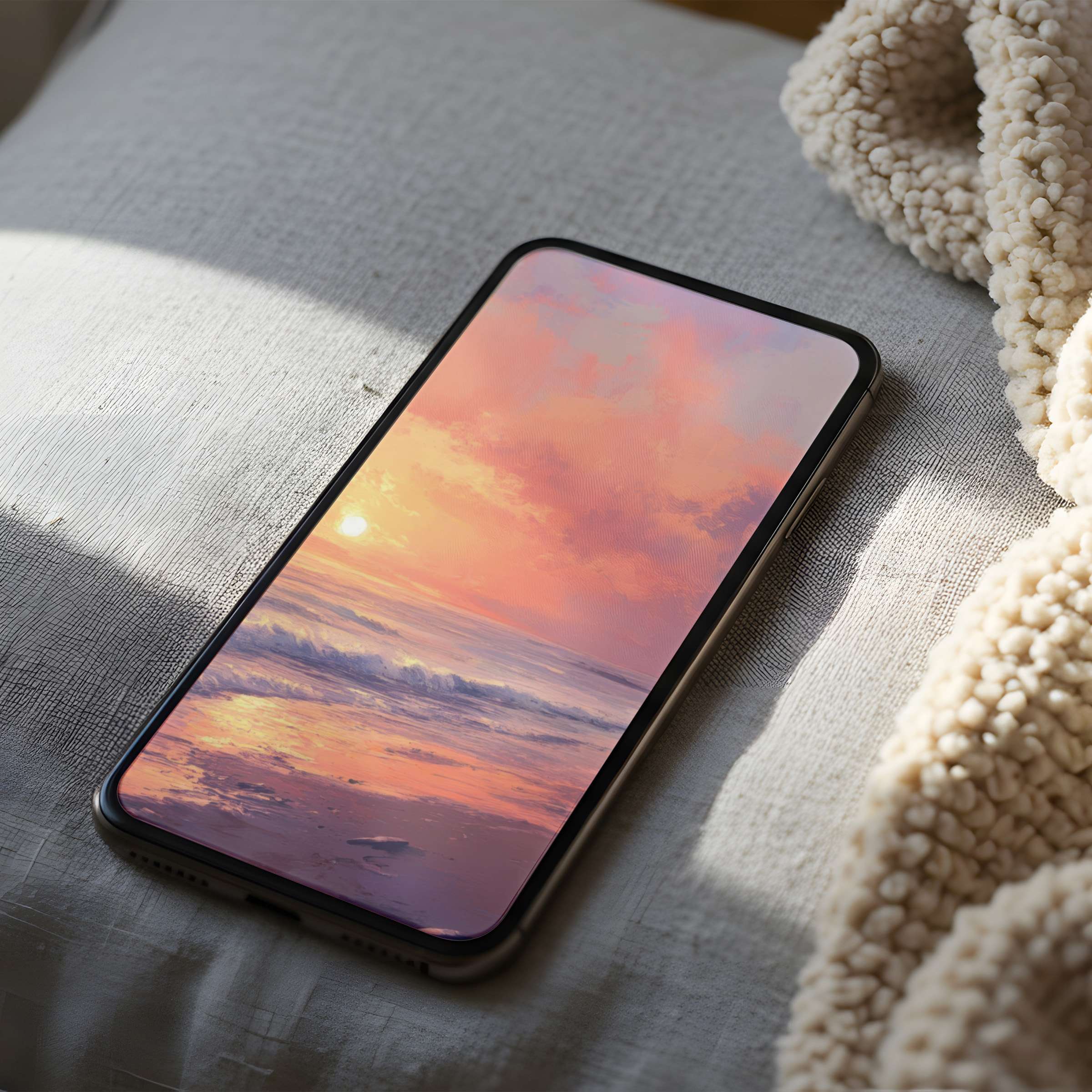 Serene sunset phone wallpaper with pink and orange hues; high-resolution digital download for iPhone and Android tranquility seekers