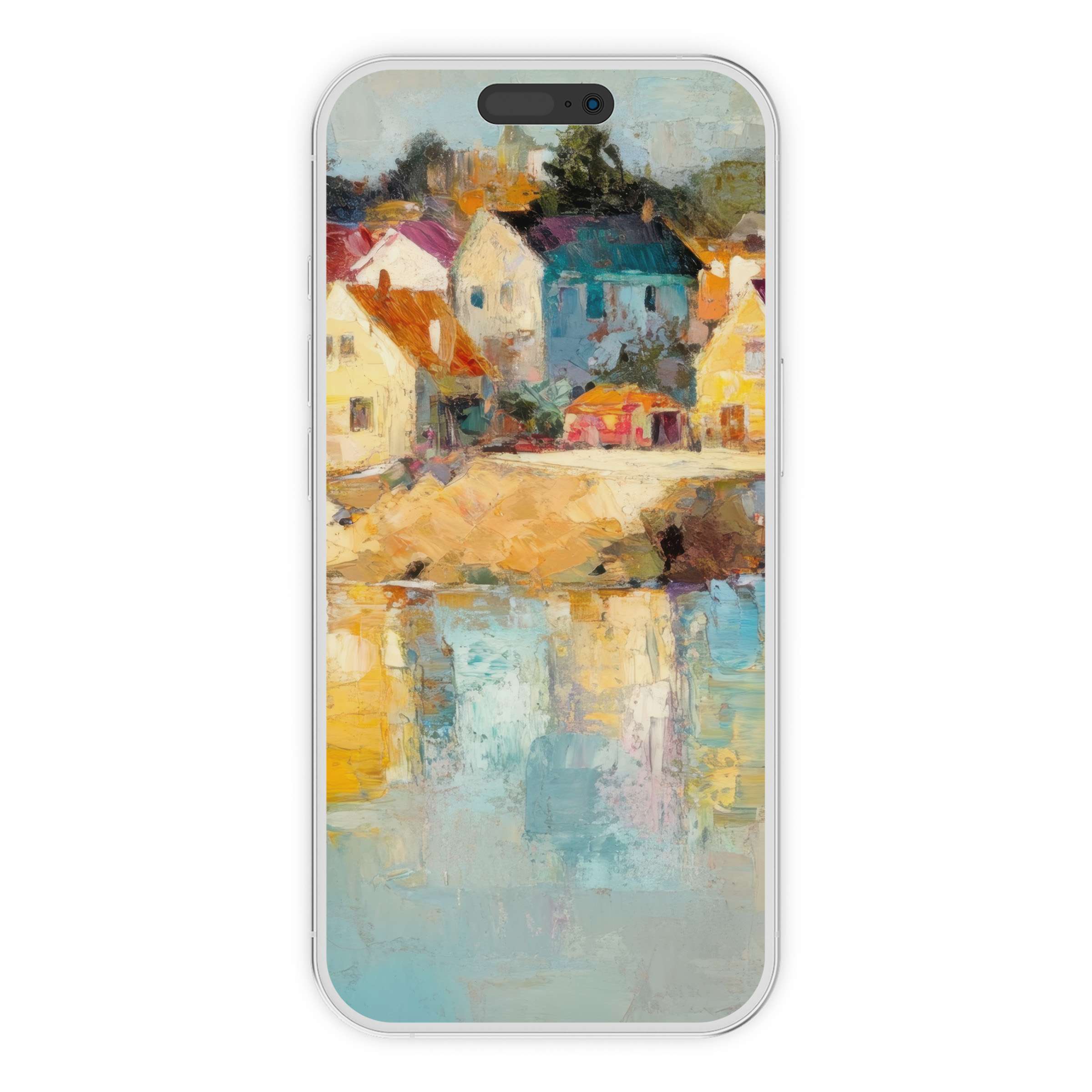 Coastal iPhone wallpaper with serene pastel houses and reflections, enhancing any phone background with this artistic digital download