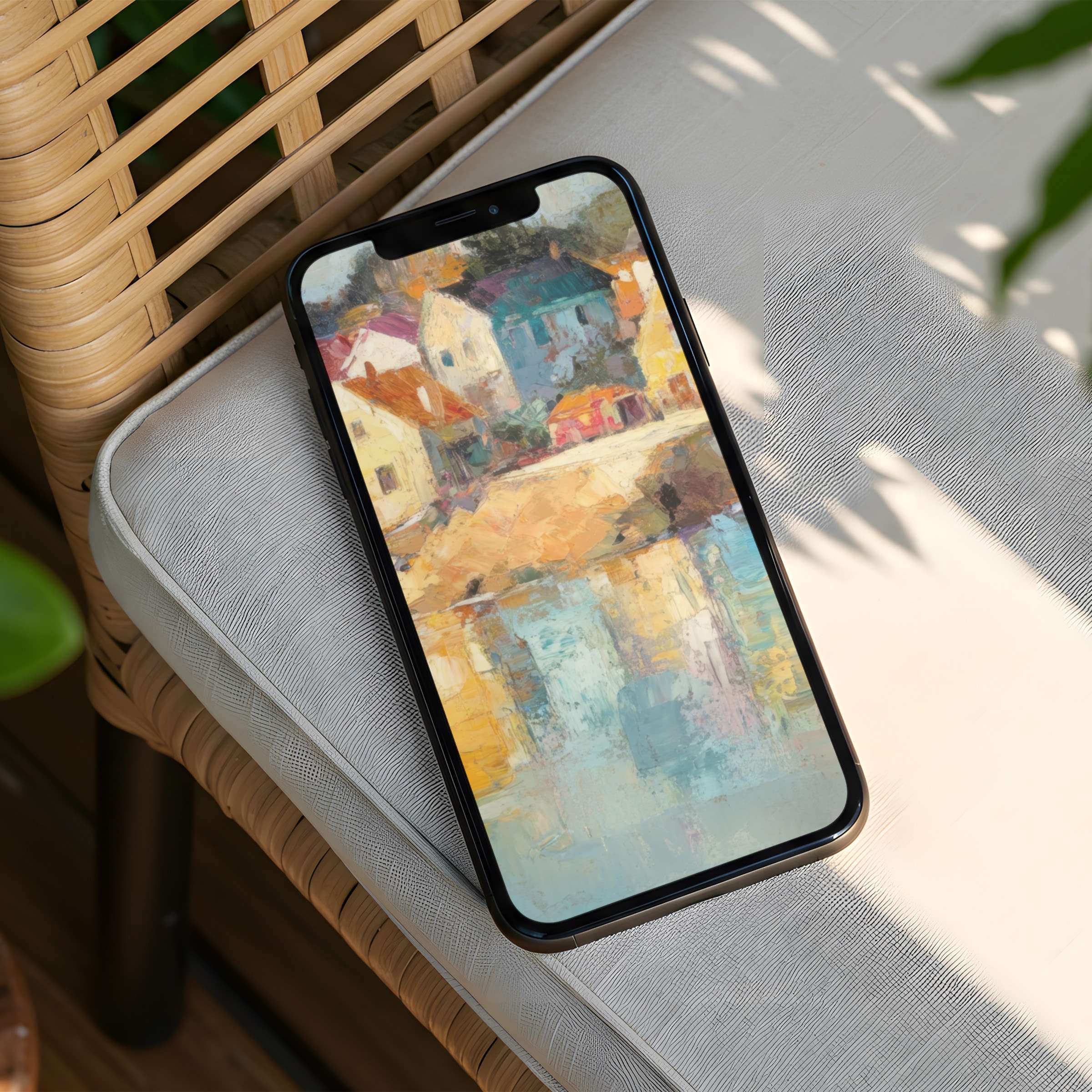 Elegant iPhone background featuring serene watercolor village landscape for mindful phone aesthetics instant download for all devices