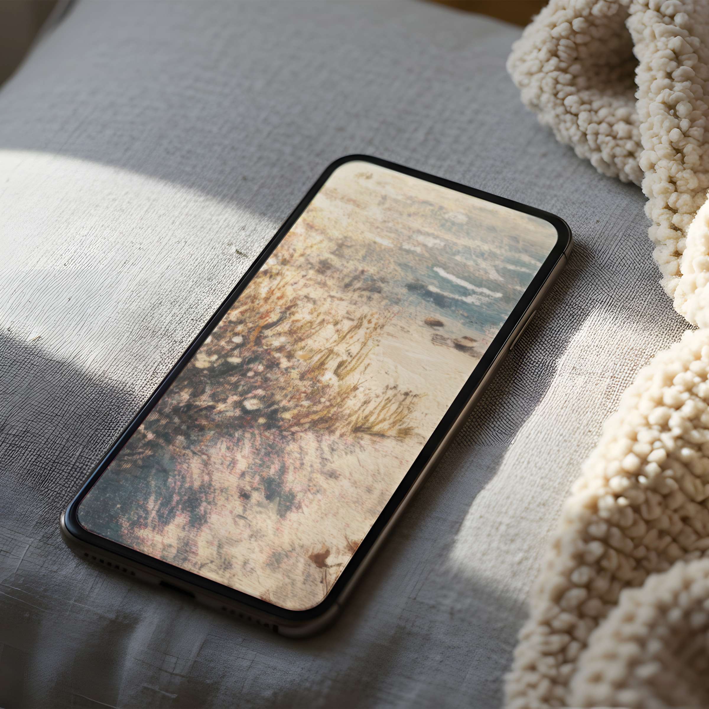 Calming beach-themed phone wallpaper, featuring a serene abstract seascape in soft tones, perfect for high resolution digital download on iPhone or Android