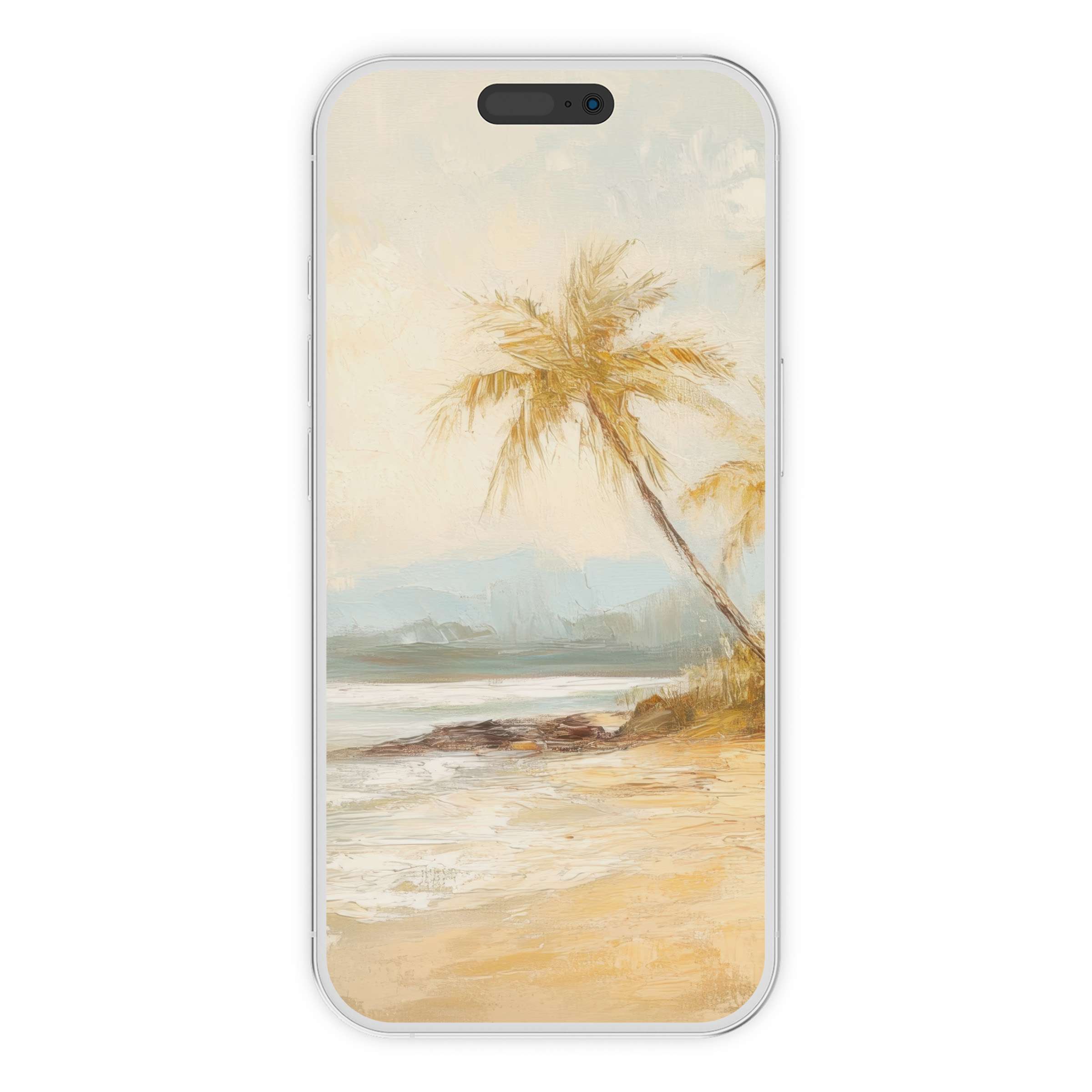 Elegant coastal iPhone wallpaper featuring serene palm trees and waves for a soothing phone background digital download option