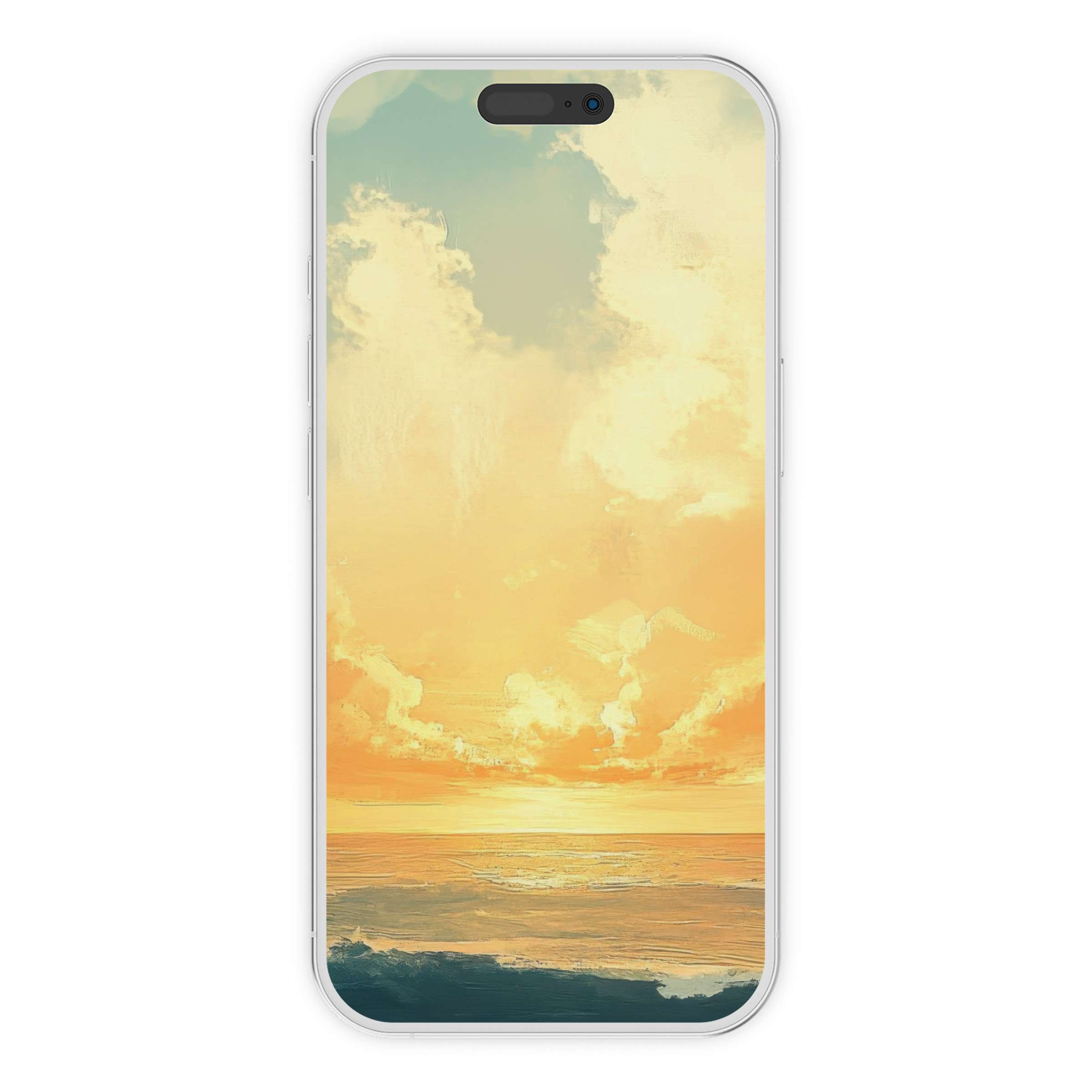 Serene coastal iPhone wallpaper captures a golden sunset over calm waves, perfect digital download for phone background use