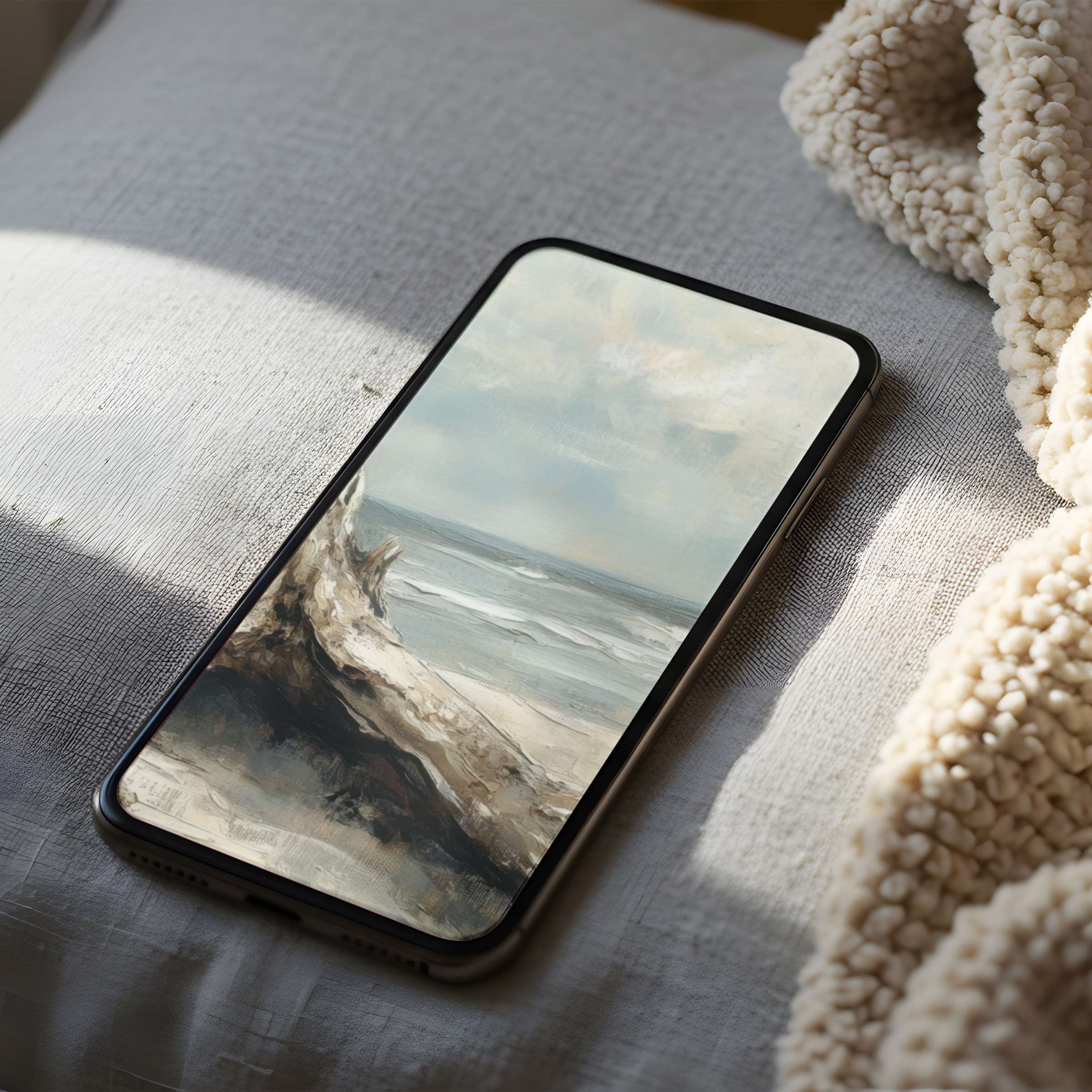 Elegant phone wallpaper featuring serene beach art with driftwood in muted tones suitable for iPhone and Android digital download