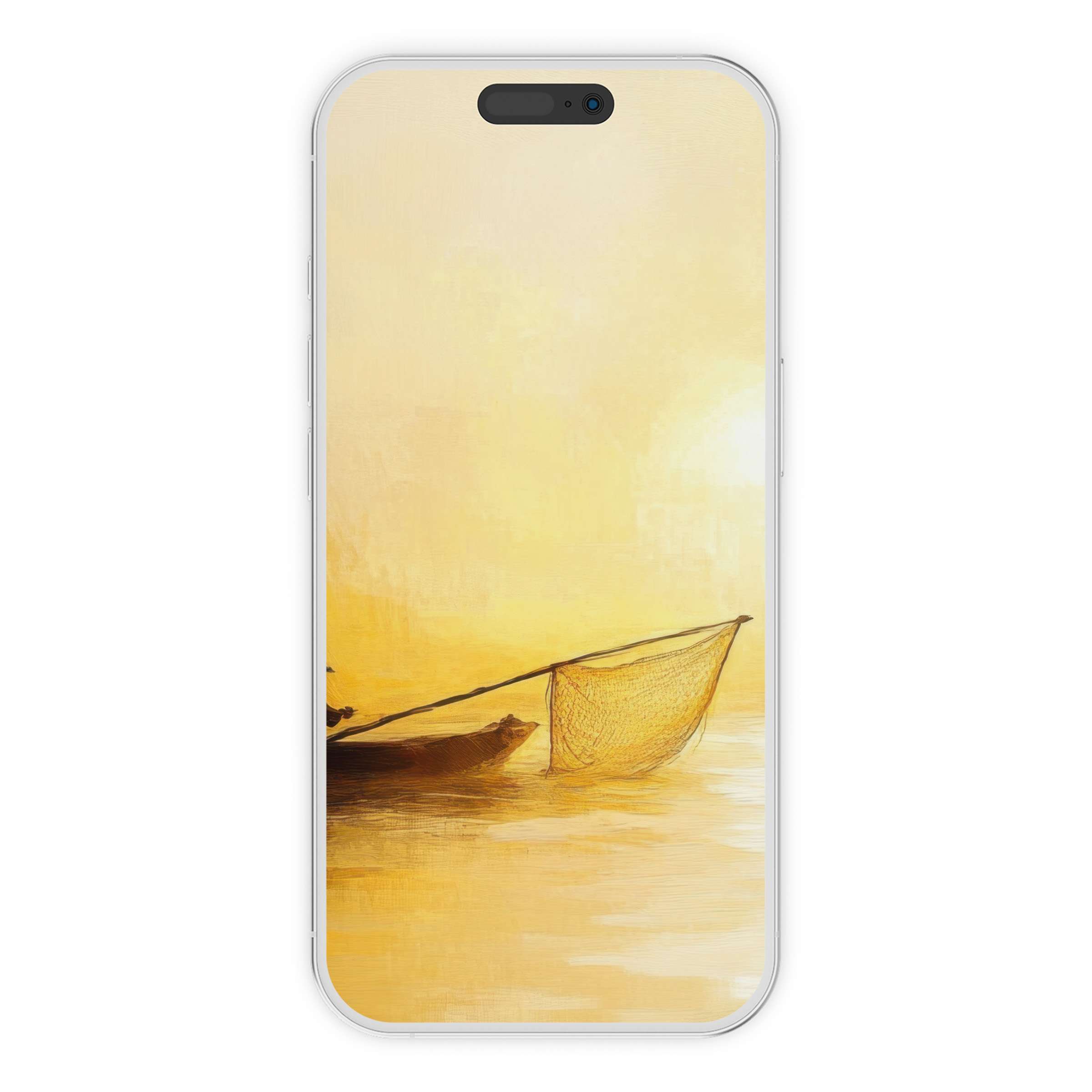 Serene coastal iPhone wallpaper featuring a lone fisherman at sunrise in warm hues, perfect phone background digital download for tranquility