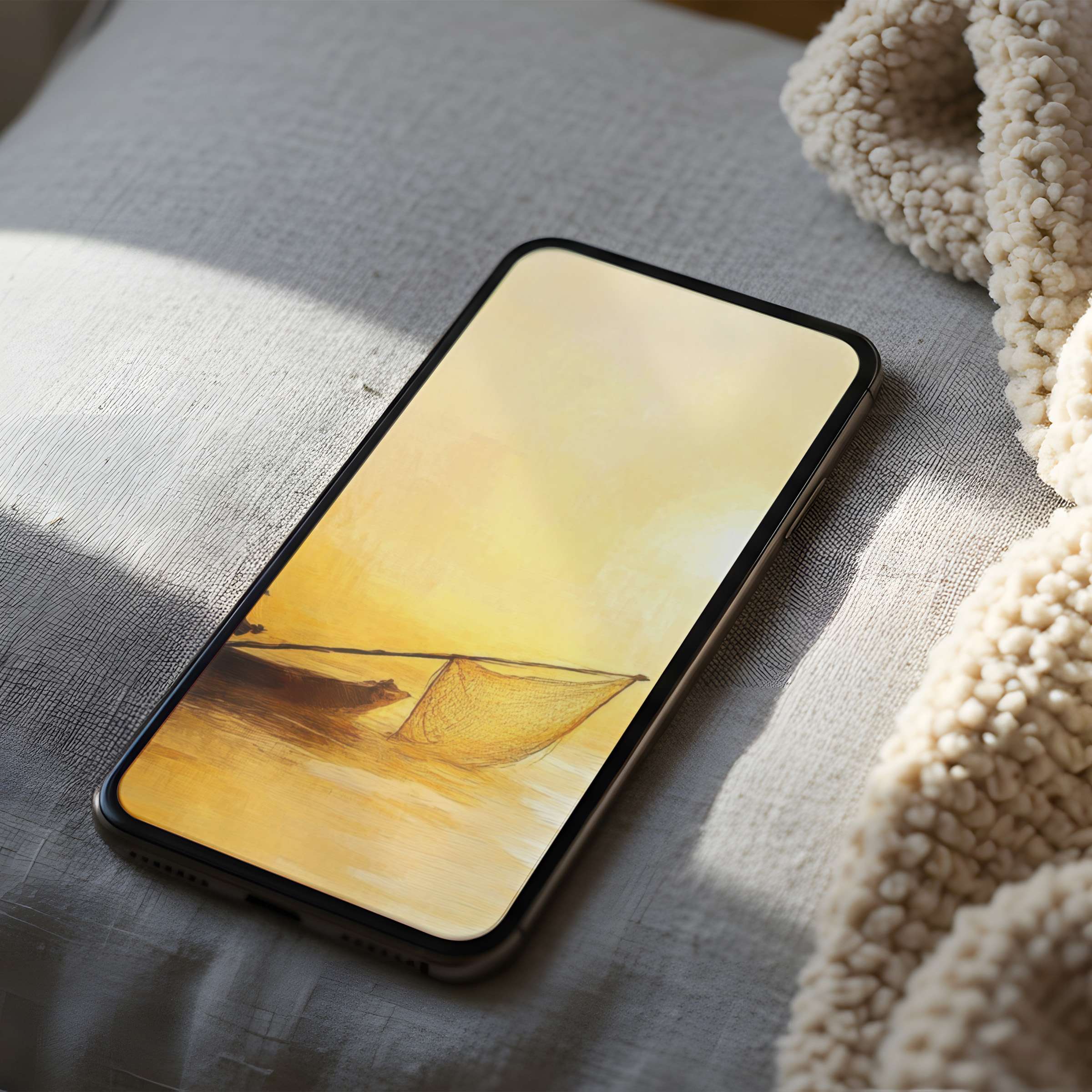 Elegant phone wallpaper featuring a serene boat scene in warm hues, perfect for iPhone and Android high resolution digital download