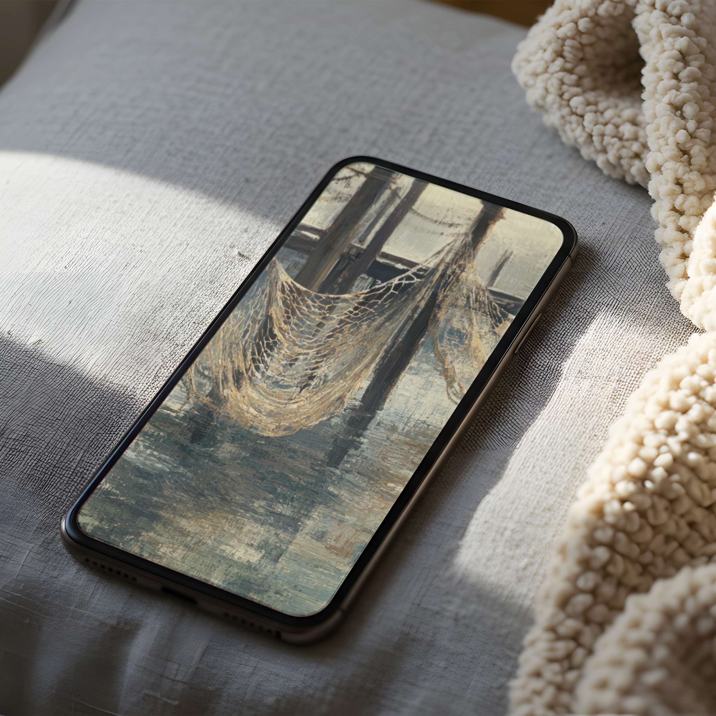 Coastal netting phone wallpaper exudes serenity in high-resolution, perfect for iPhone and Android, offering calm aesthetics as a digital download