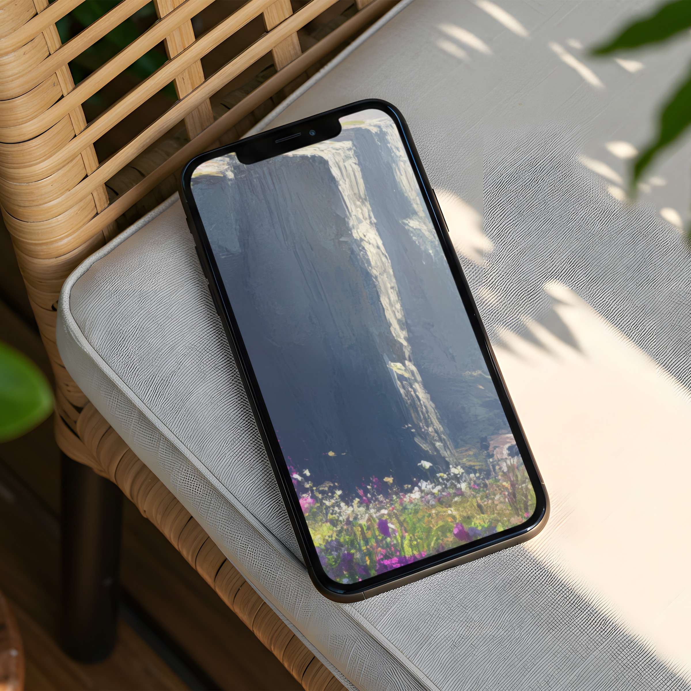 Serene iPhone background art showcasing a calming waterfall and meadow available for instant download elevating phone aesthetics