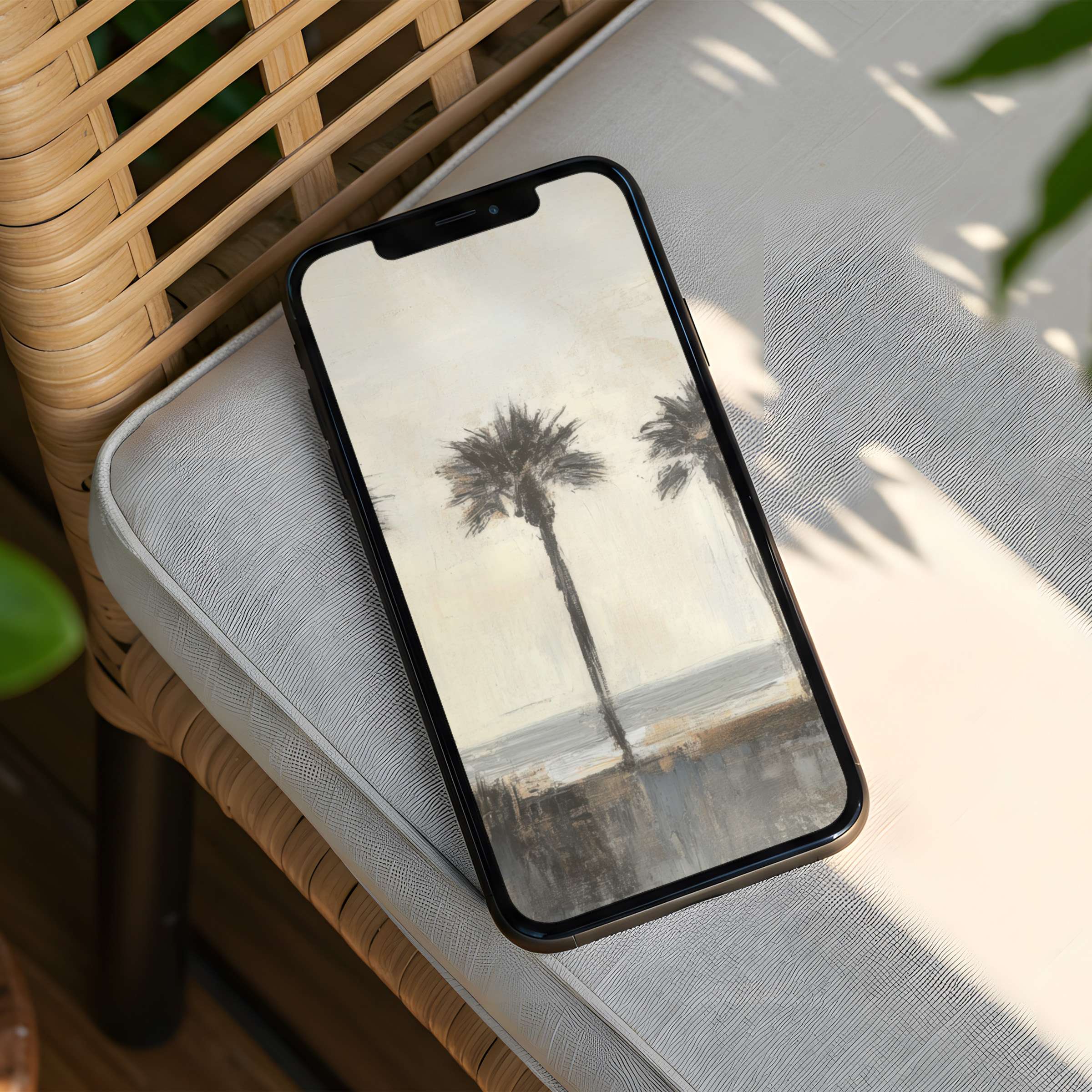 Elegant iPhone background featuring serene palm trees with calming hues for instant download suitable for any phone design lovers