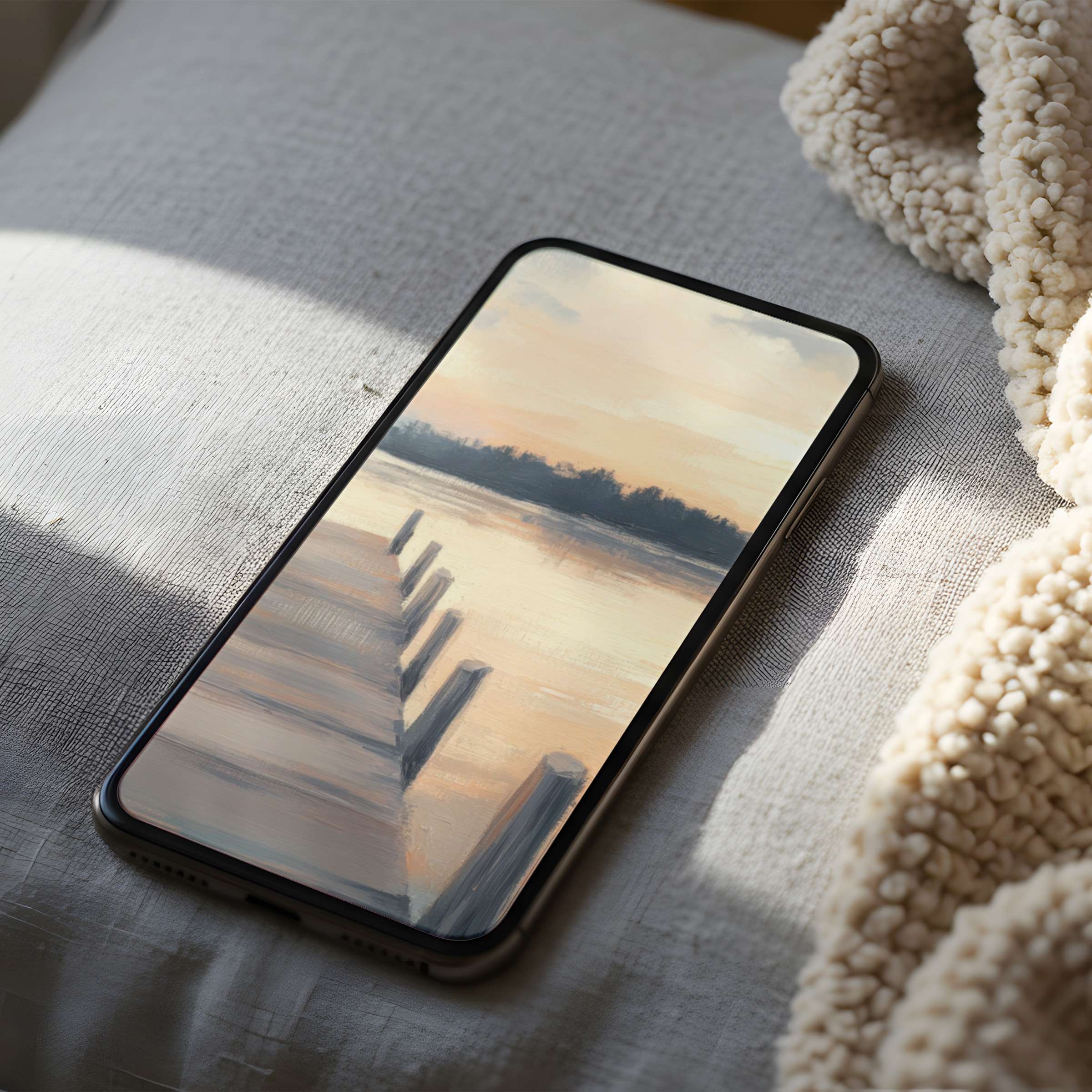 Calming phone wallpaper showcasing serene sunset over a wooden pier in high resolution ideal for iPhone and Android digital download