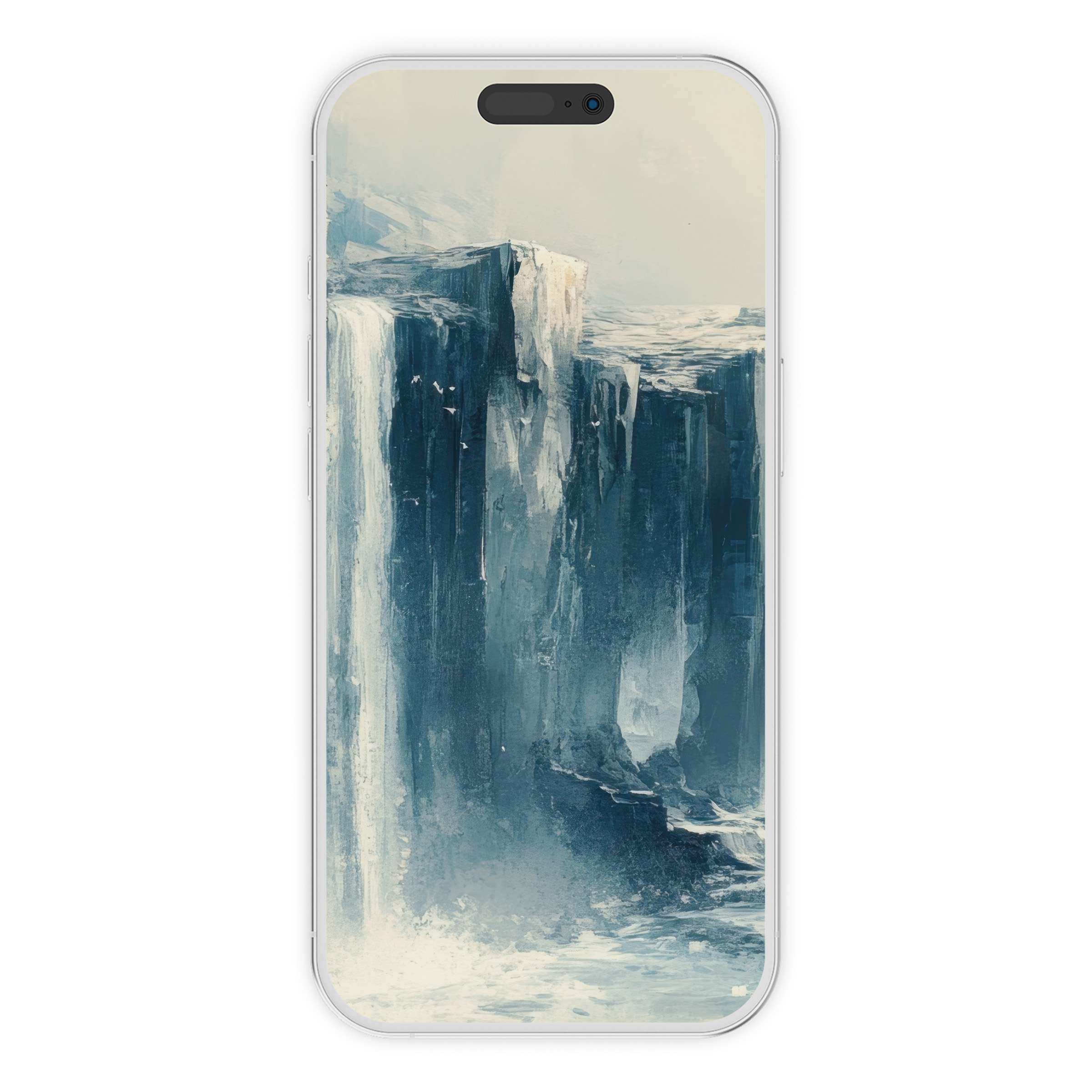 Elegant coastal iPhone wallpaper showcasing serene cliffs painted in blues and whites; perfect phone background as a digital download