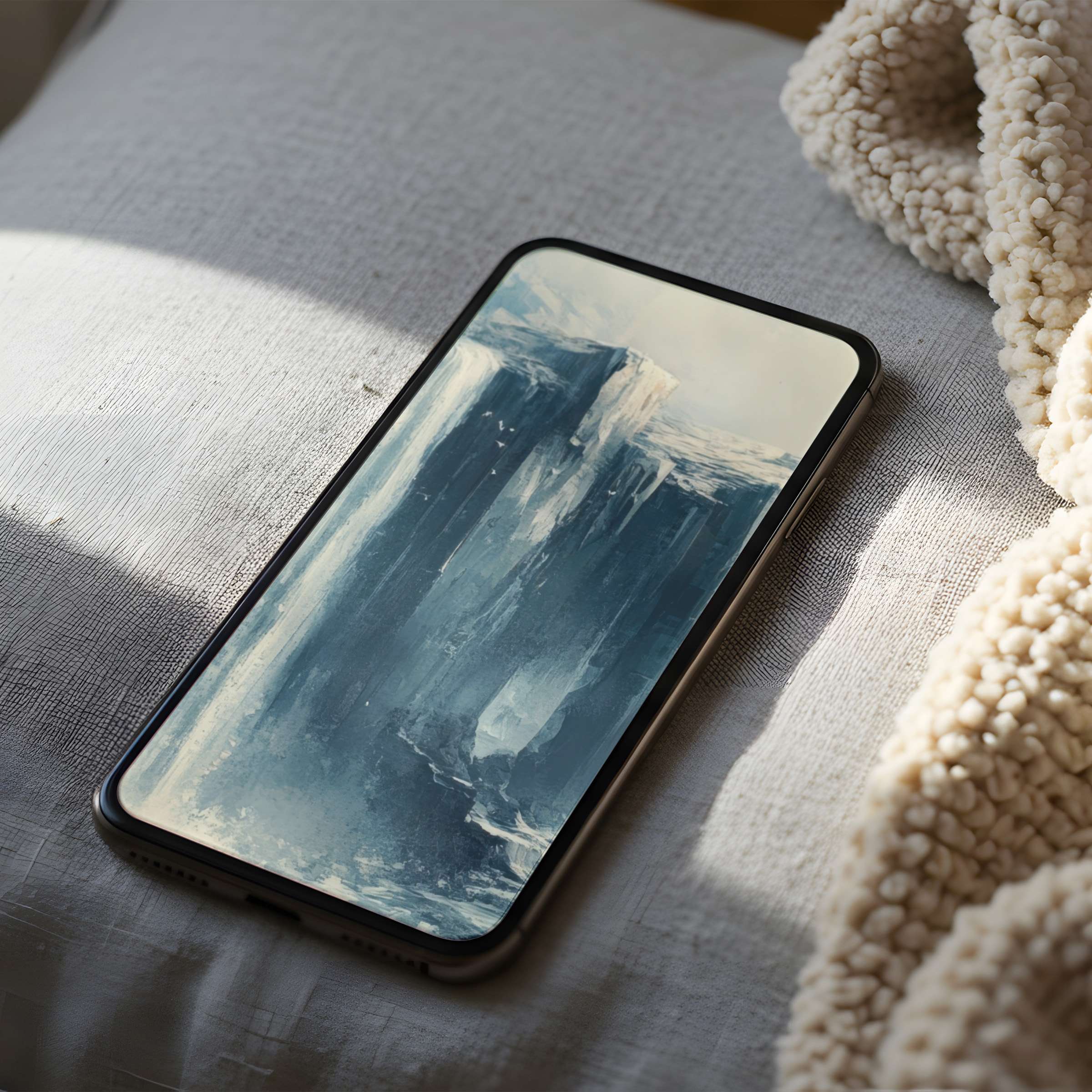 Elegant phone wallpaper featuring serene blue abstract art on iPhone, perfect for a calming digital download experience