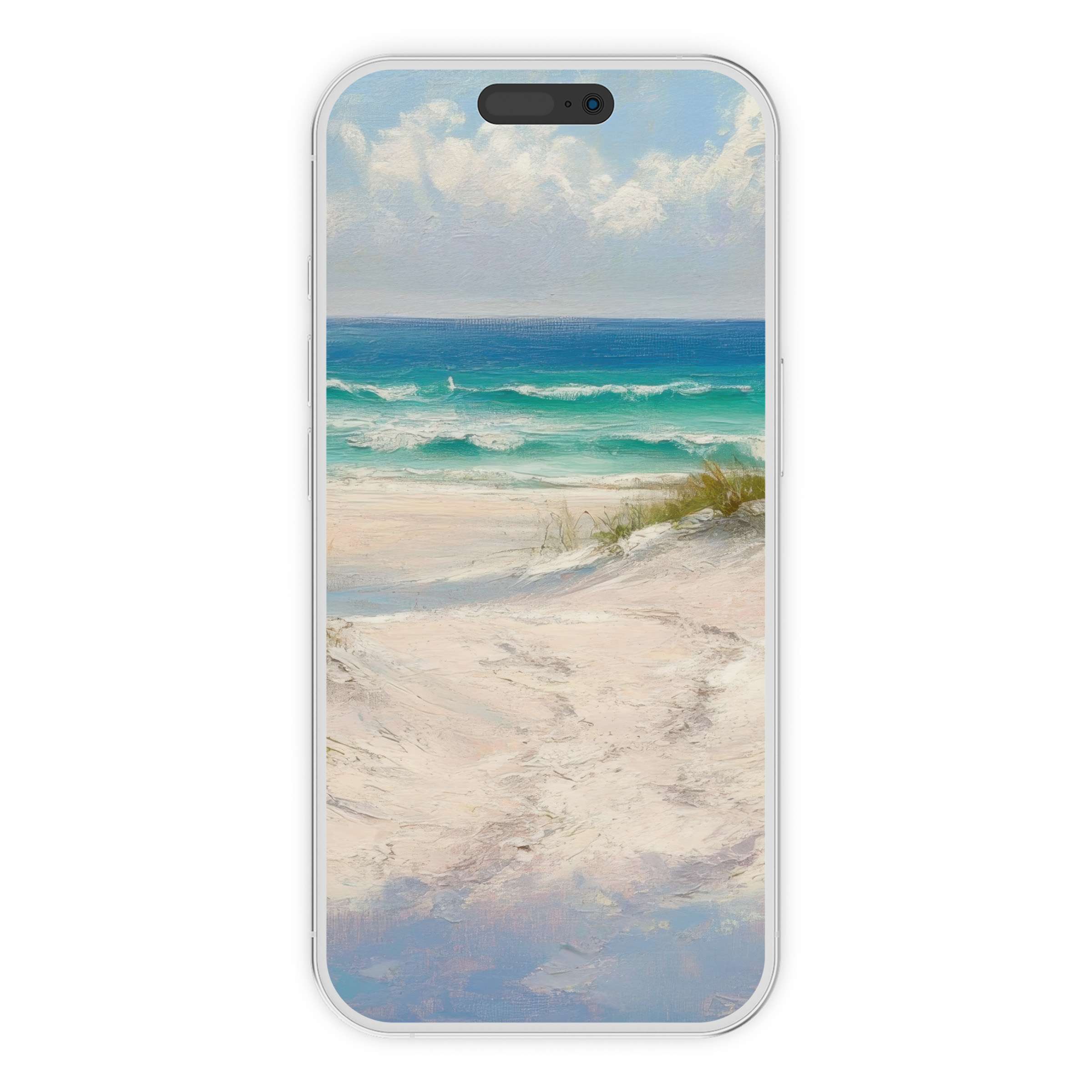 Serene coastal iPhone wallpaper showcasing soft pastel waves and sandy textures perfect for phone background digital download use