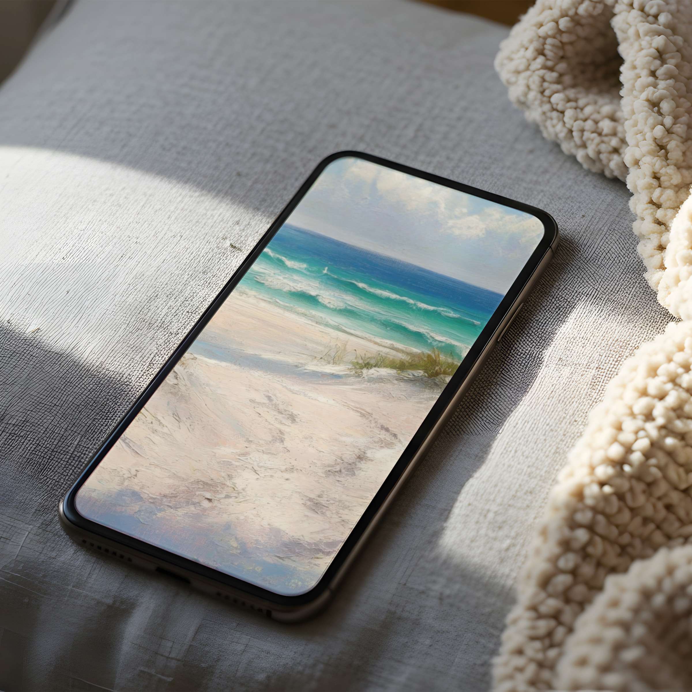 Serene beach-inspired phone wallpaper with calming ocean hues complements sustainable living spaces suitable for iPhone digital download