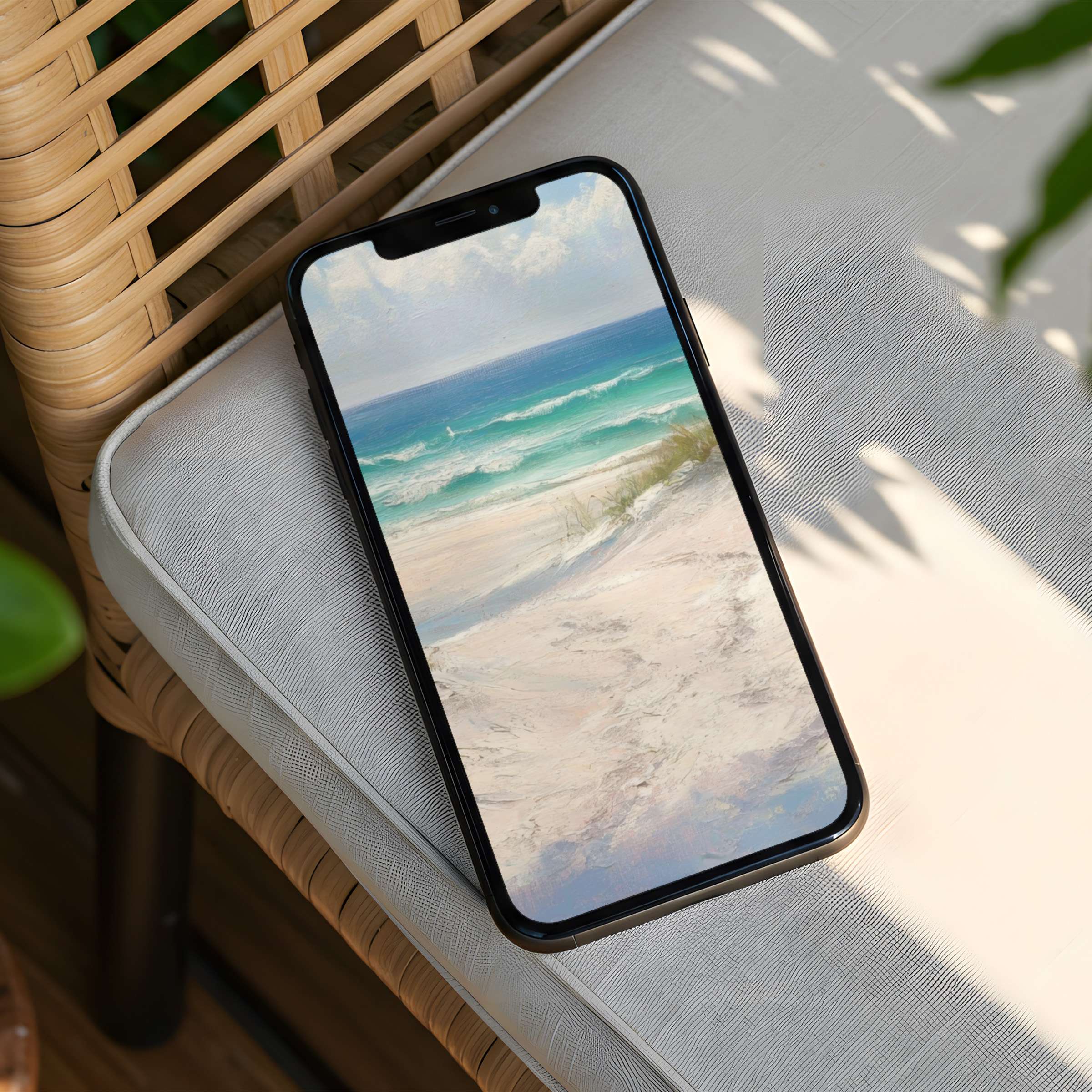 Elegant coastal art iPhone background depicting serene beach waves for instant download fits all phone screens inspiring calm and beauty