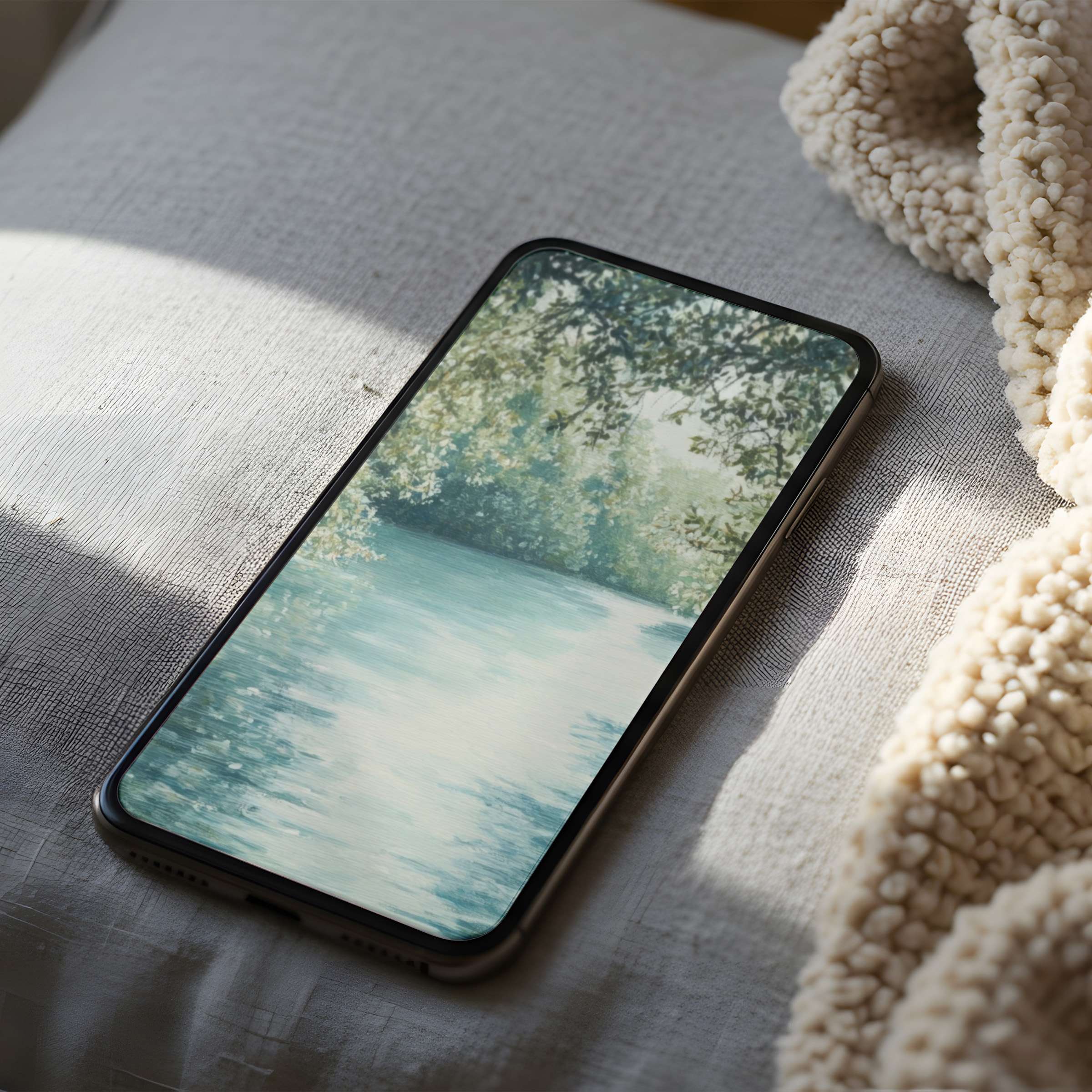 Elegant phone wallpaper with serene water and lush trees in high resolution, perfect for iPhone and Android digital downloads