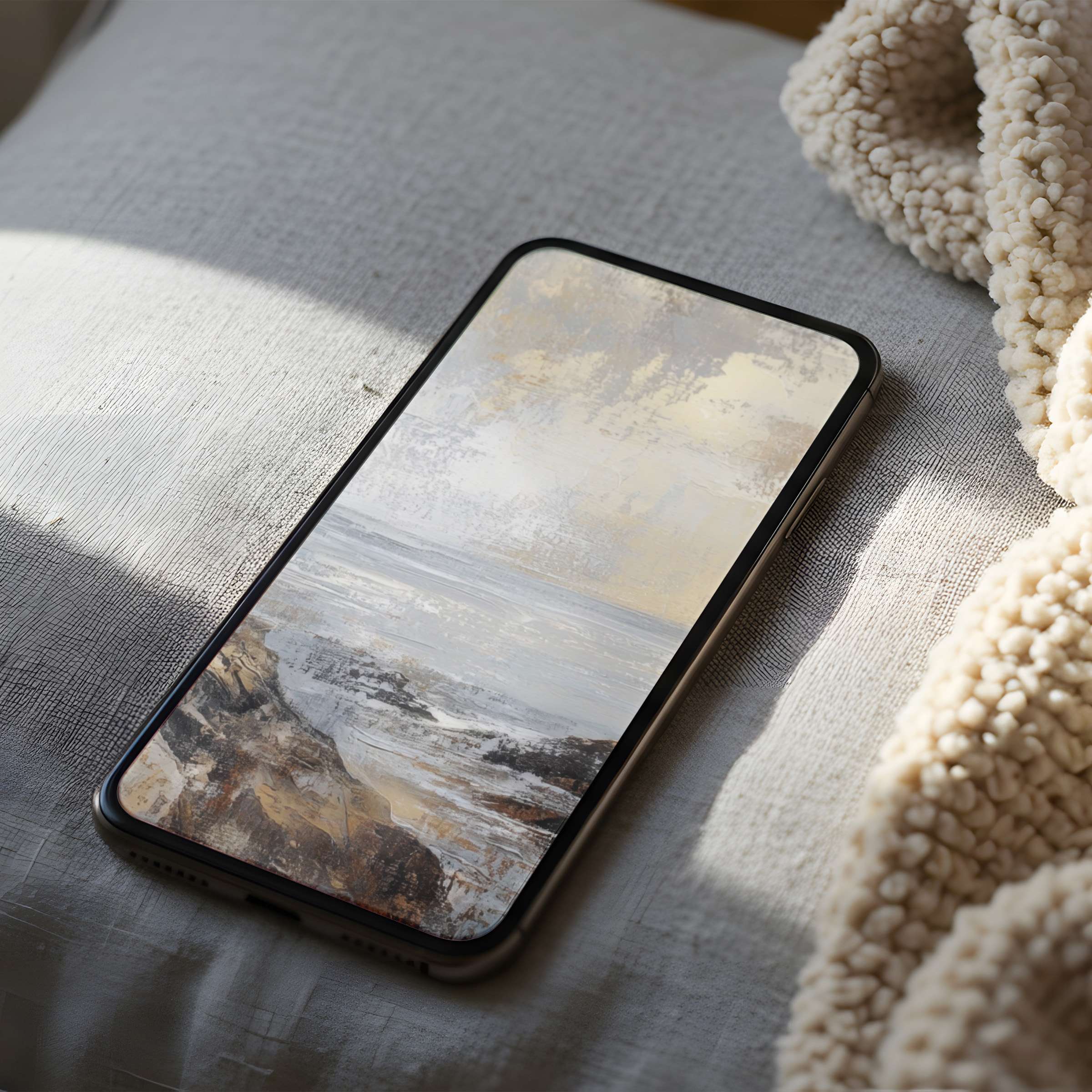 Elegant phone wallpaper featuring serene seascape in muted tones, perfect for iPhone and Android, high resolution digital download
