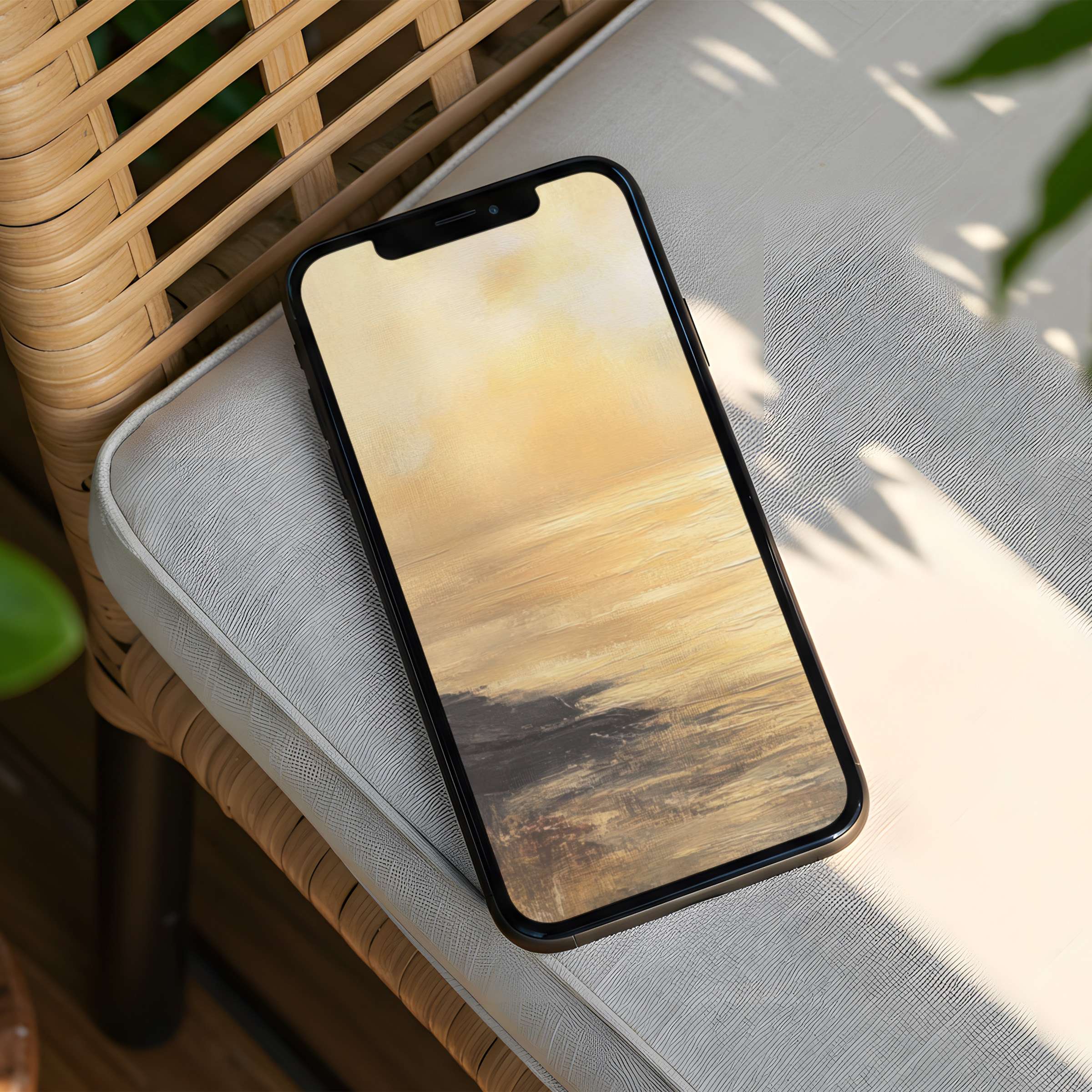 Elegant iPhone background featuring a serene golden landscape painting offers instant download for all phone types, inspiring calmness