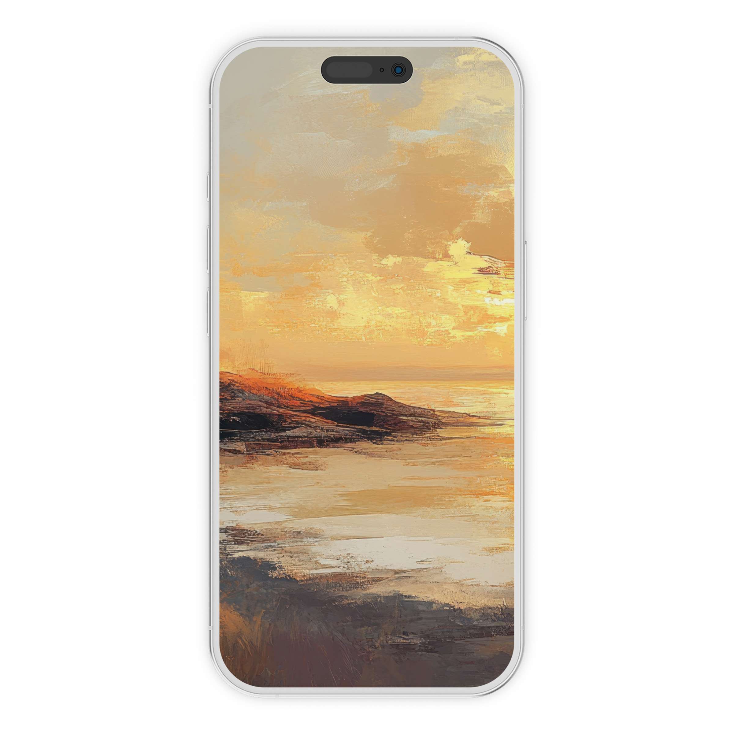 Serene coastal iPhone wallpaper features a golden sunset over waves, perfect phone background for a calming digital download experience