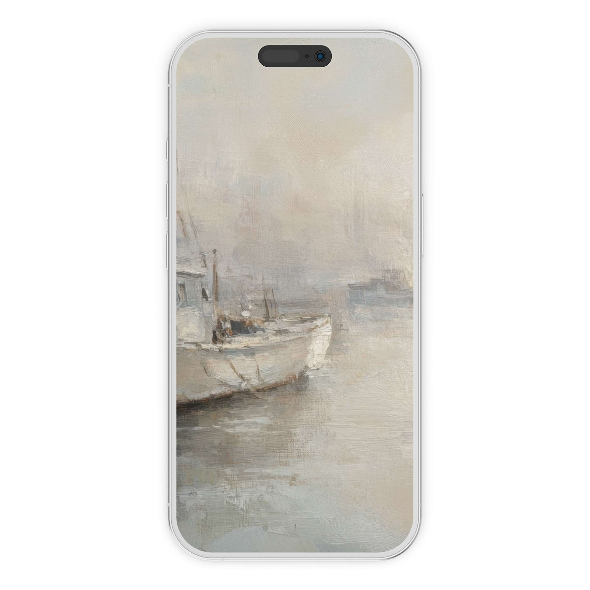 Coastal iPhone wallpaper with soft, hazy seascape painting offers an elegant phone background, a serene digital download for iPhone and Android