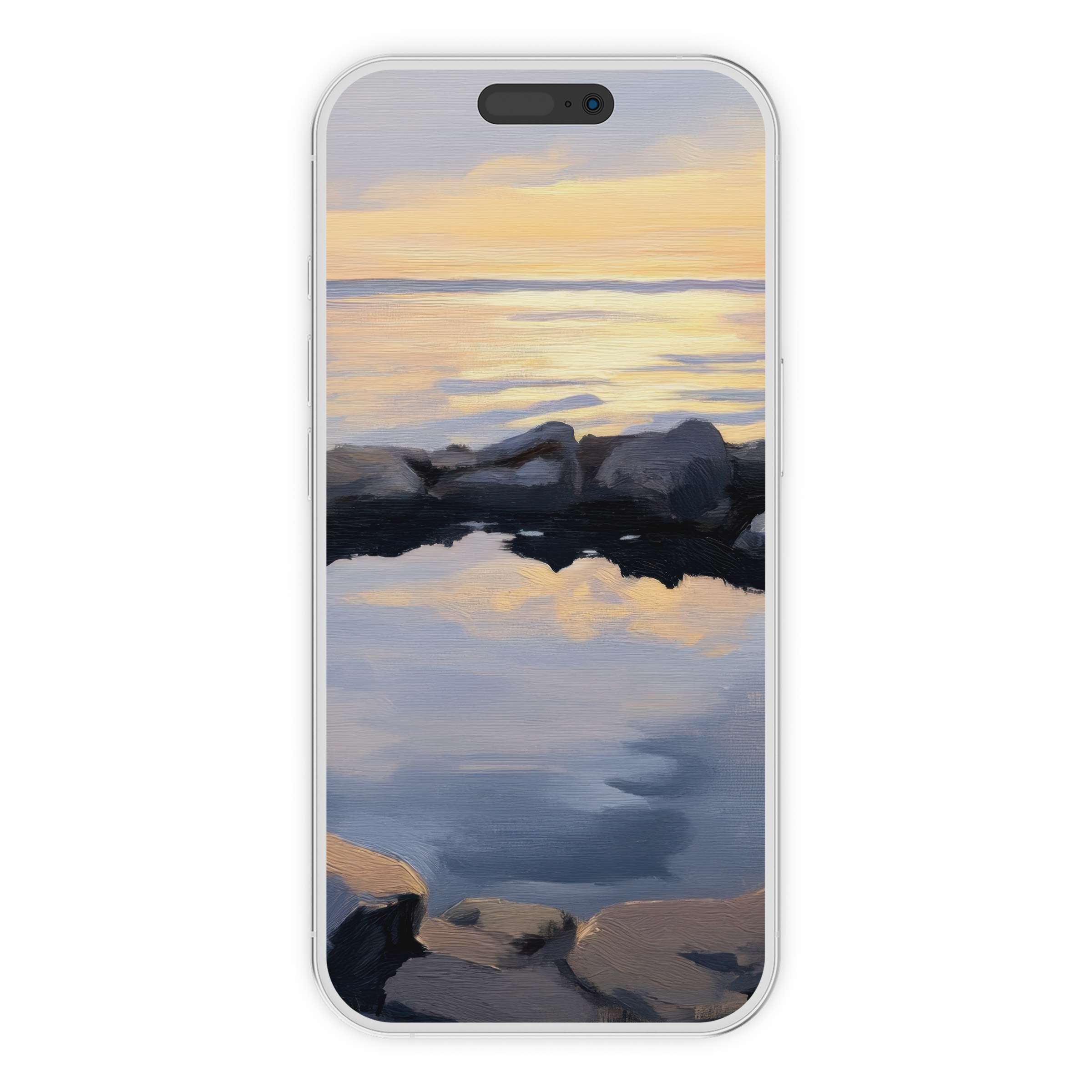 Tranquil coastal iPhone wallpaper with serene sunset reflections in pastel tones, ideal phone background digital download for elegance