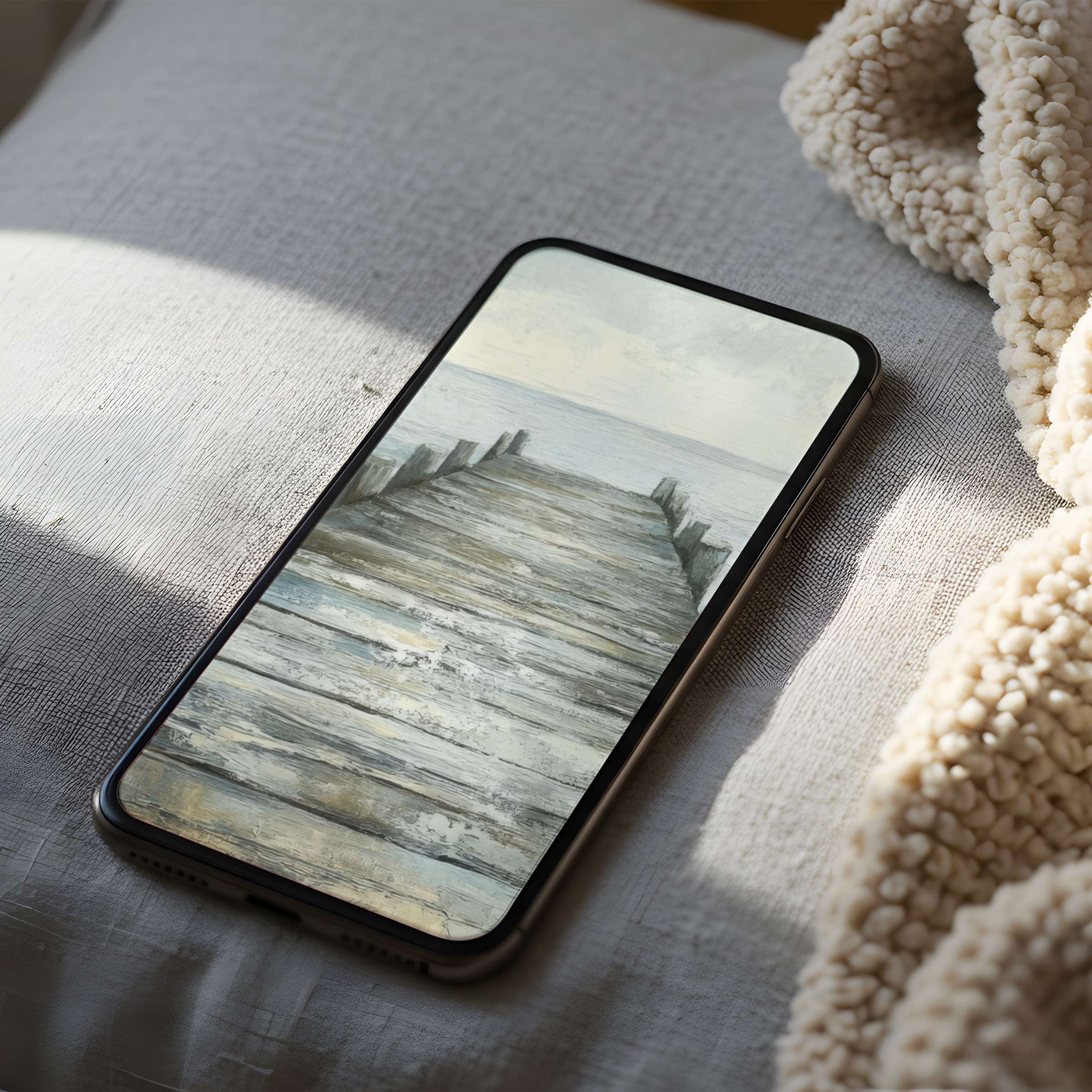 Serene phone wallpaper featuring a rustic wooden pier extending into a calm sea perfect for high resolution iPhone digital download