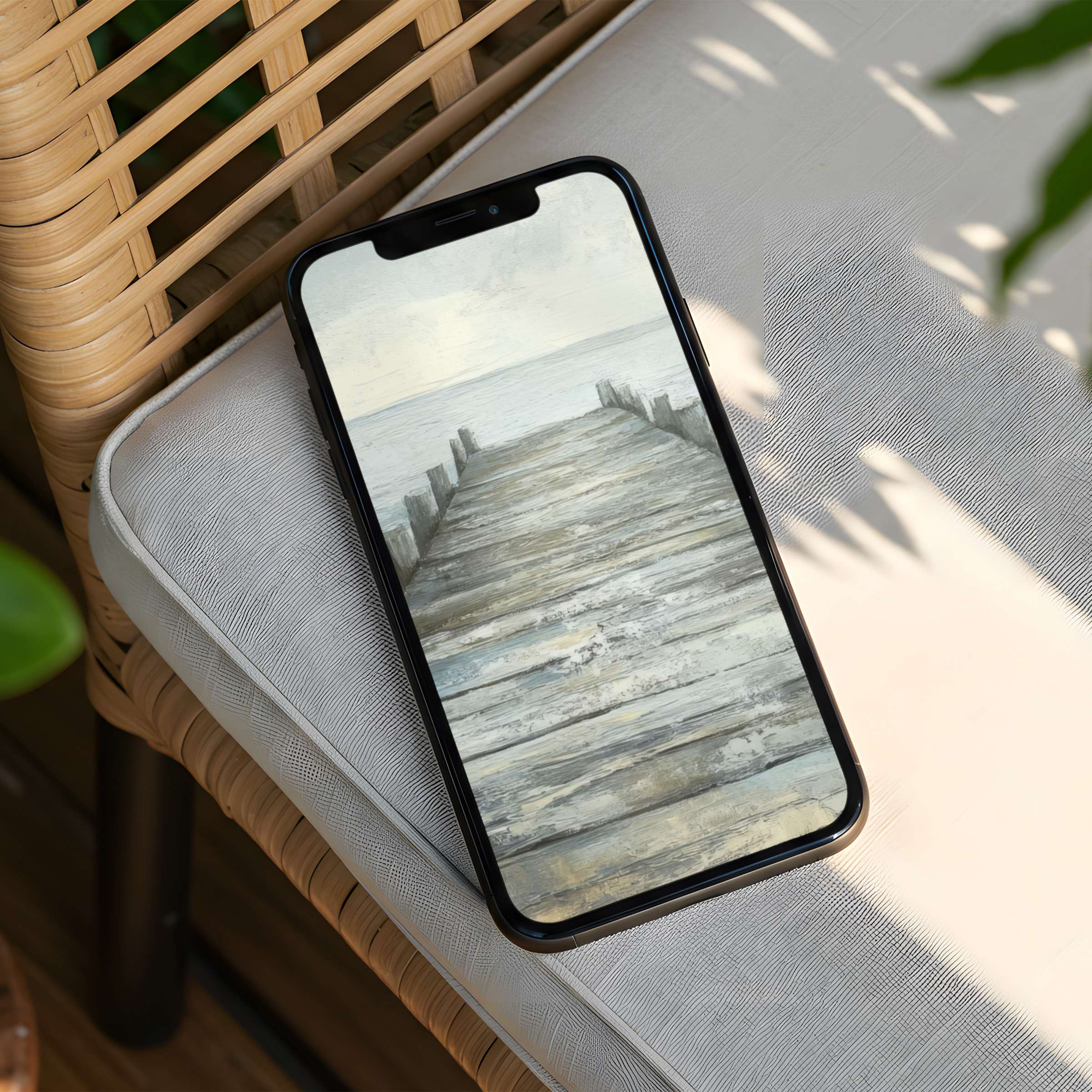 Serene wooden pier watercolor iPhone background offers instant download for your phone inspiring calm and effortless elegance