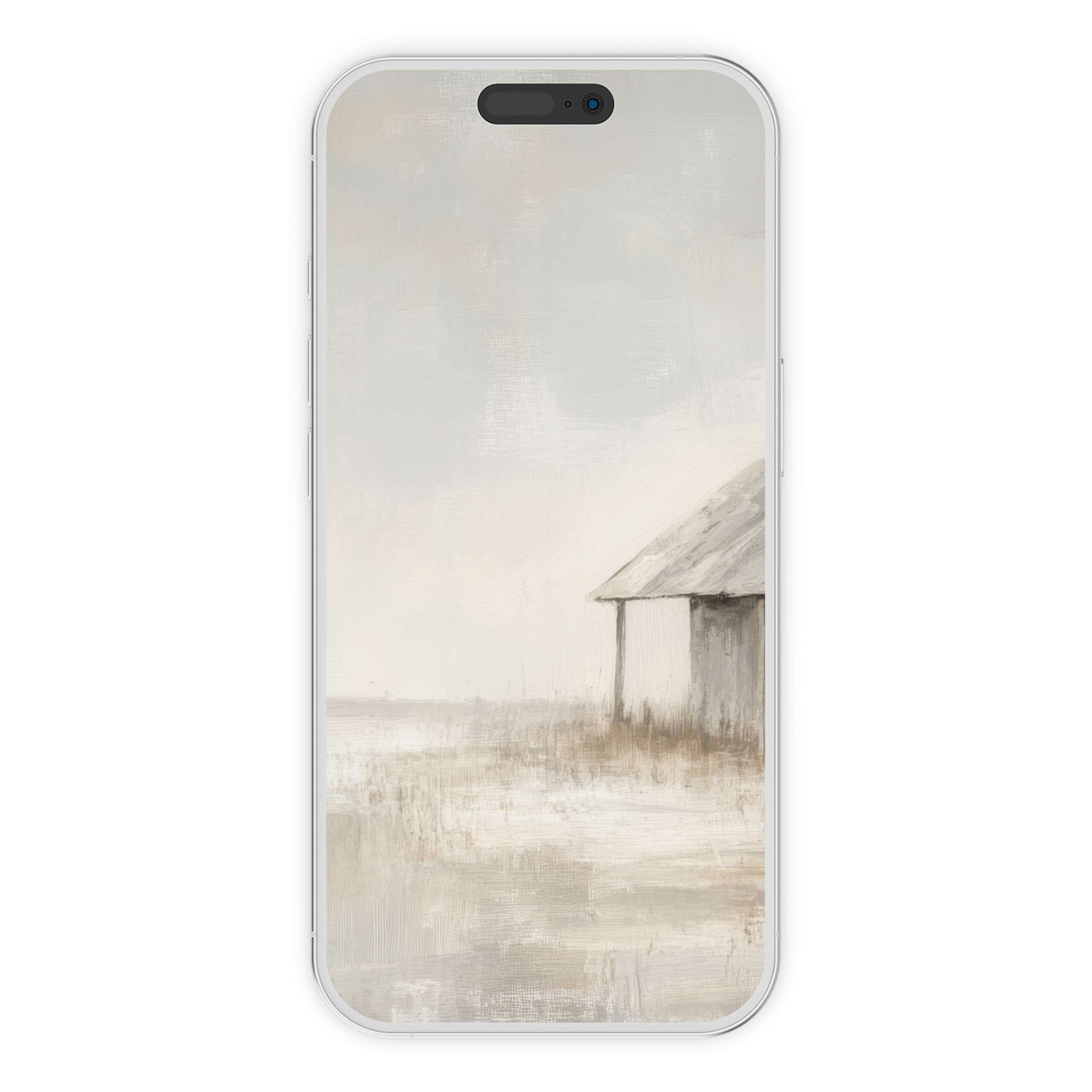 Coastal iPhone wallpaper captures serene, muted tones of a rustic beach hut in soft texture, perfect digital download phone background