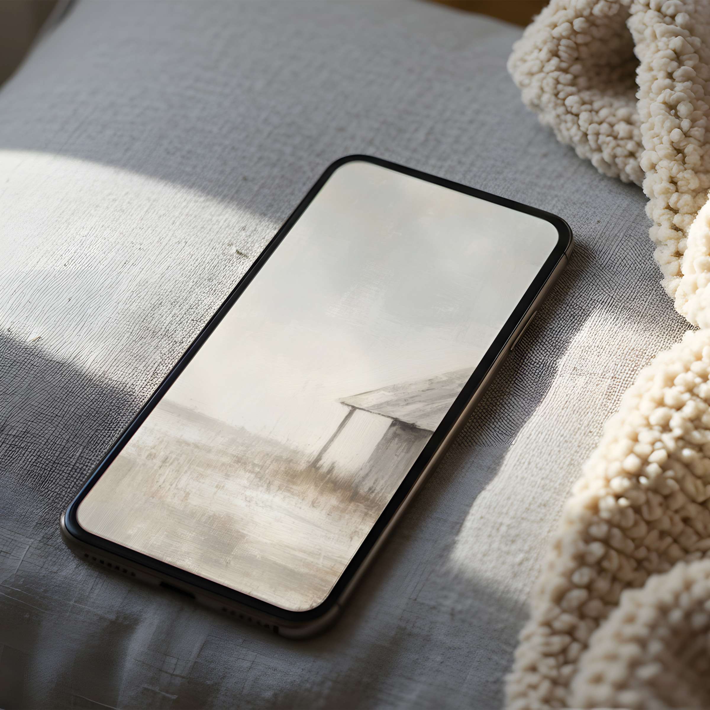 Elegant phone wallpaper featuring a serene, minimalistic landscape in soft grayscale hues suitable for iPhone and Android digital download