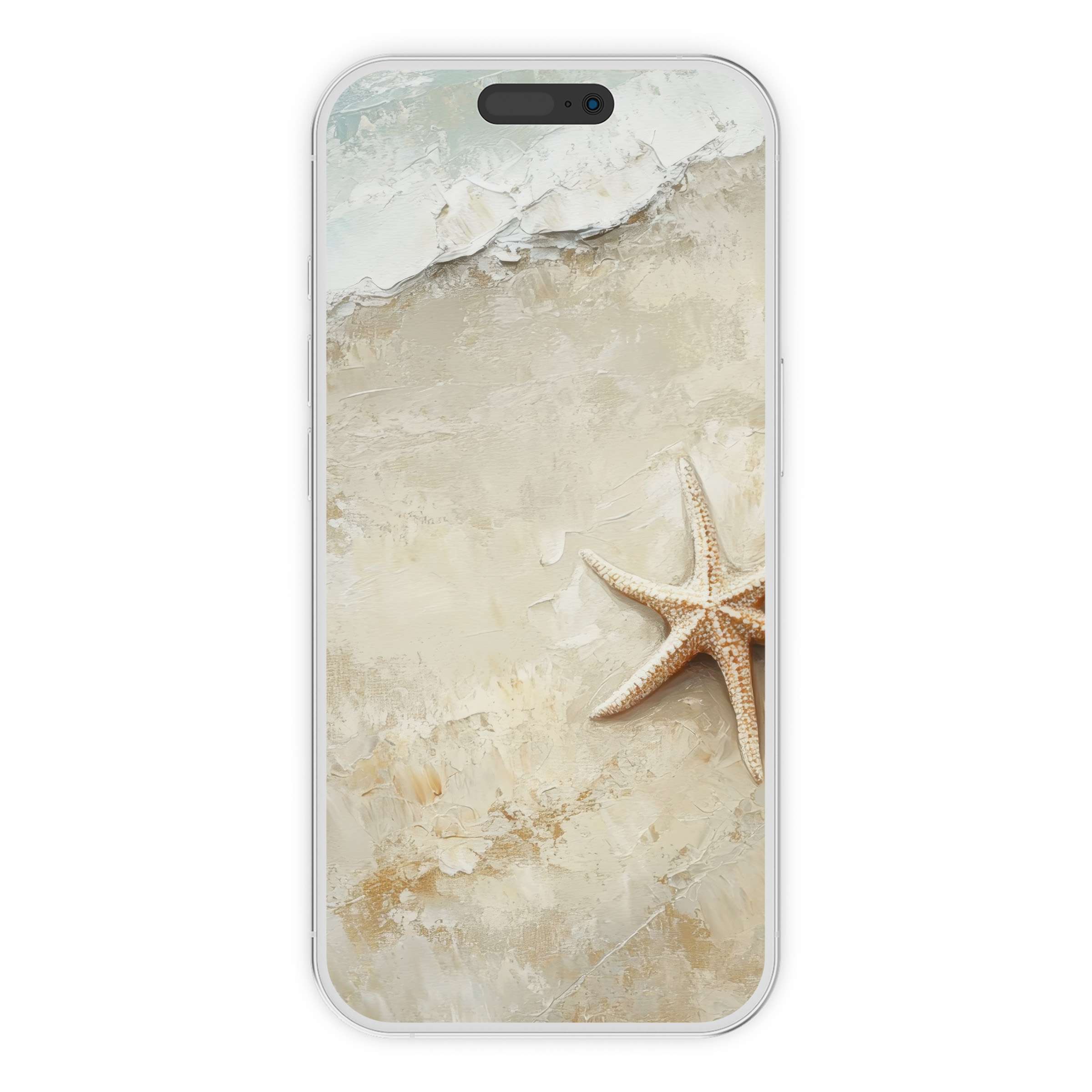 Serene coastal iPhone wallpaper digital download featuring a textured sandy beach and starfish capturing calm elegance for phone background