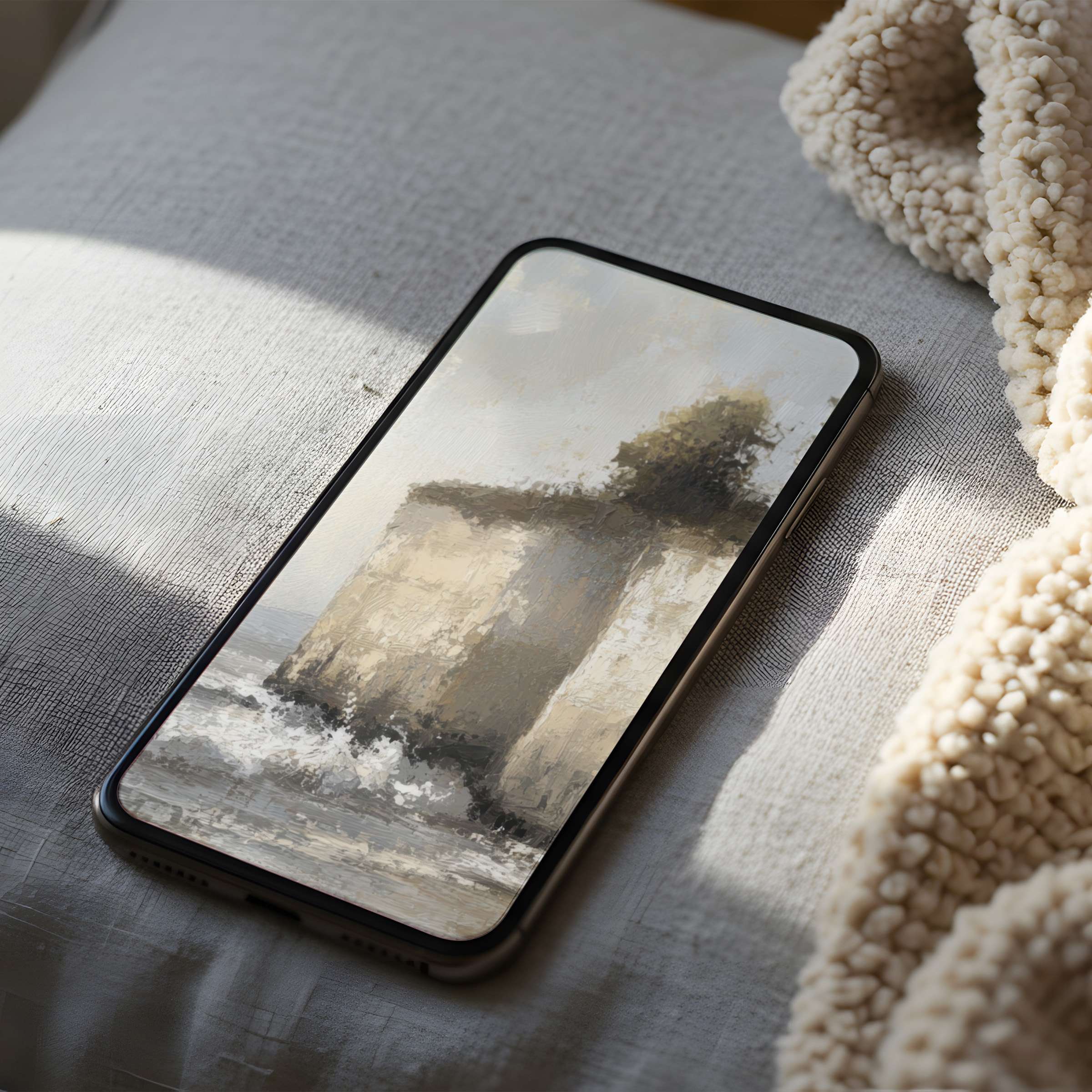 Elegant phone wallpaper featuring serene coastal cliffs in soothing pastels high resolution suitable for iPhone and Android download