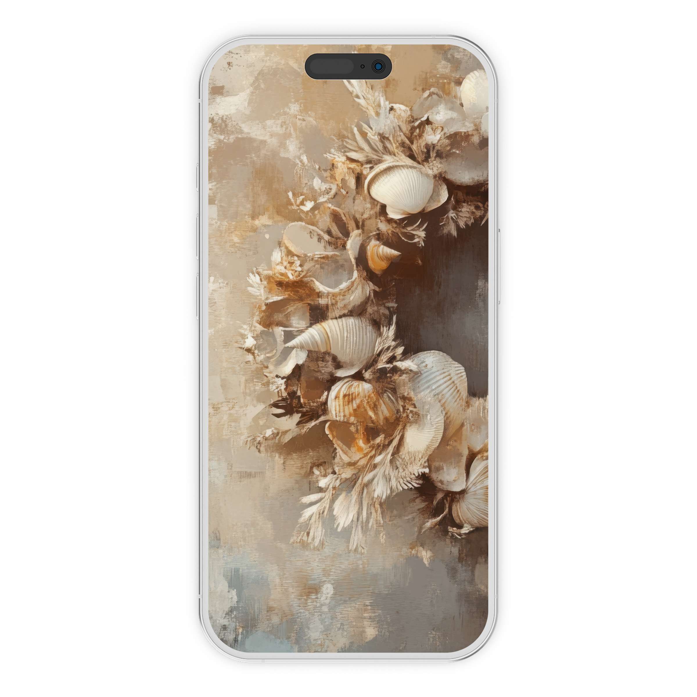 Elegant coastal iPhone wallpaper featuring textured seashells in warm, soothing tones for a stylish phone background digital download