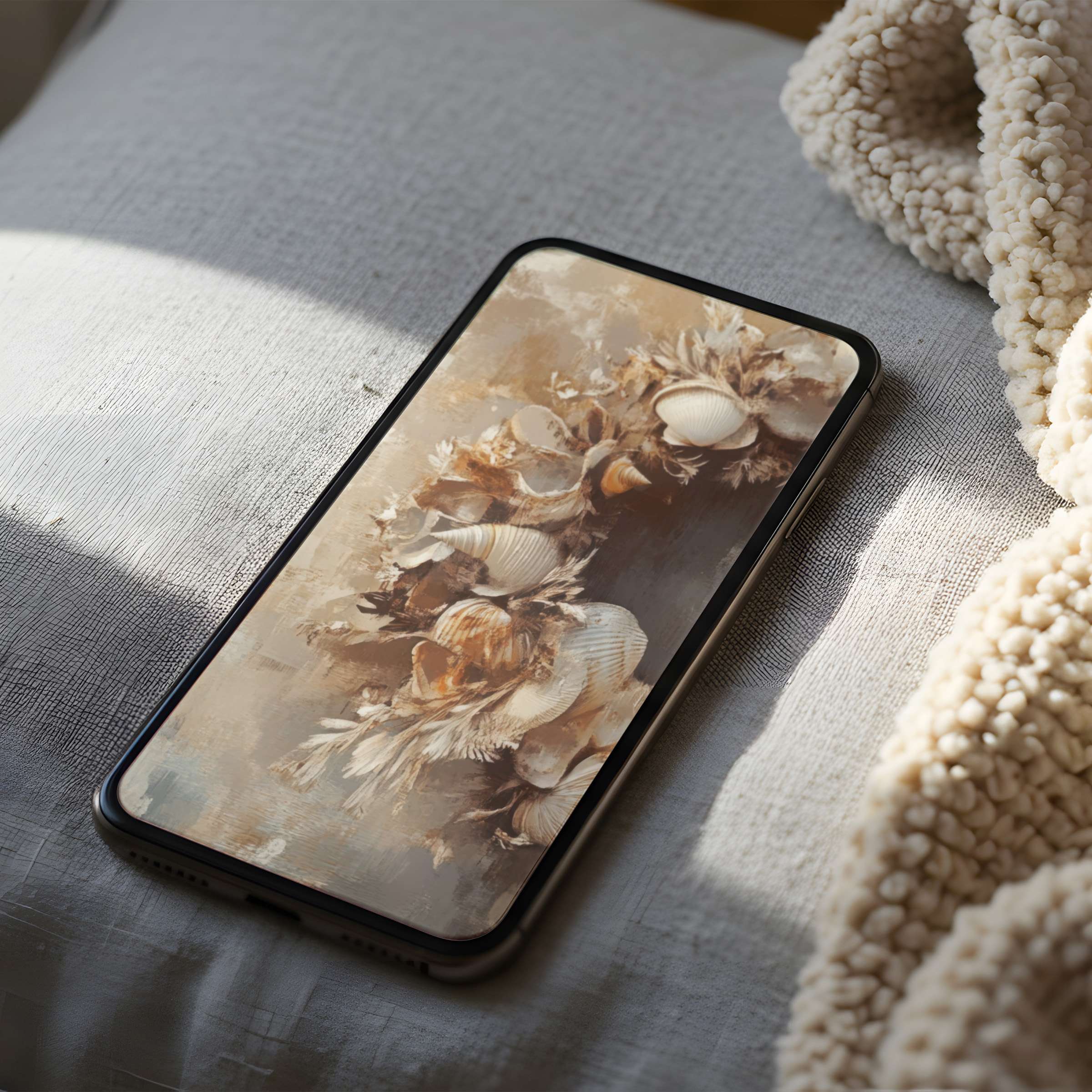 Elegant seashell motif phone wallpaper in soothing earth tones, ideal for iPhone and Android, offering high-resolution digital tranquility