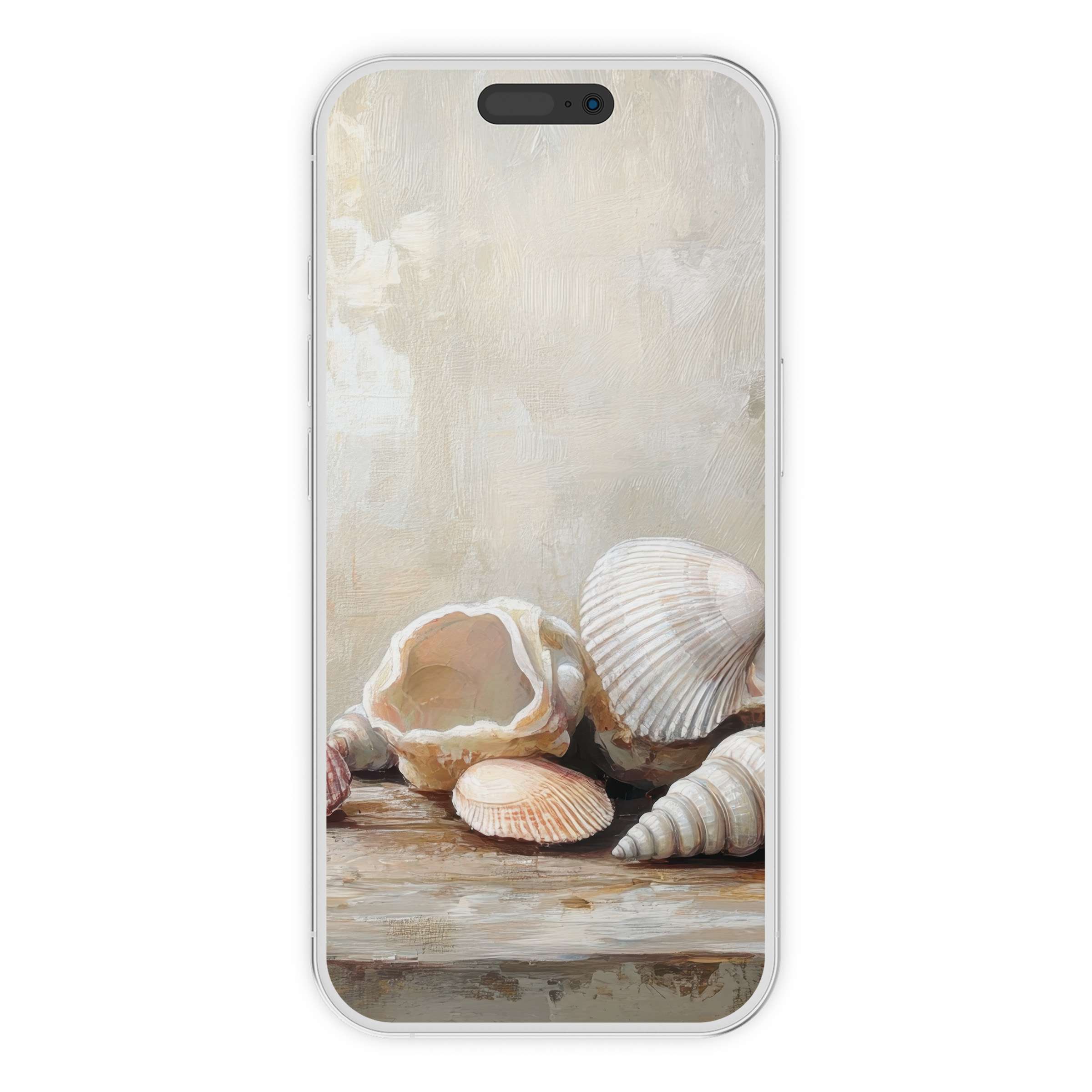 Elegant coastal iPhone wallpaper with artistic seashells offers calming digital download background for any phone or device