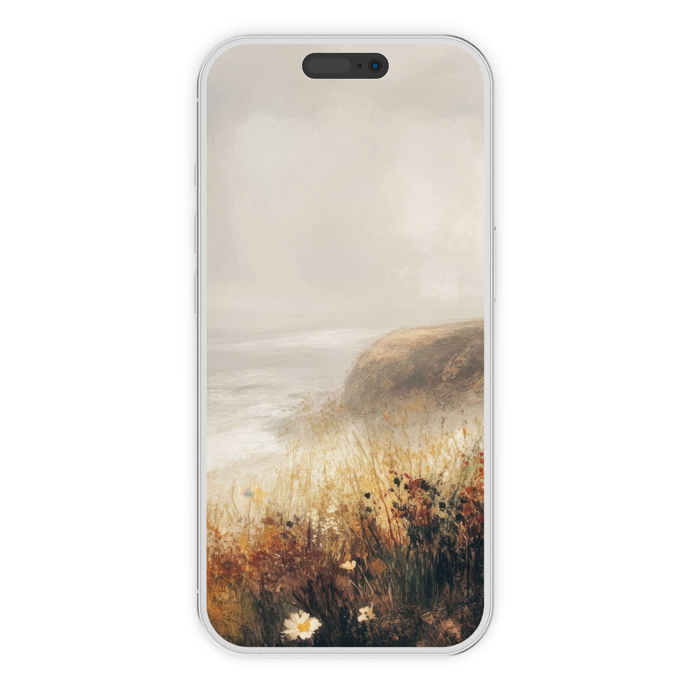 Tranquil coastal iPhone wallpaper offers a serene phone background with earthy tones in digital download art for all devices