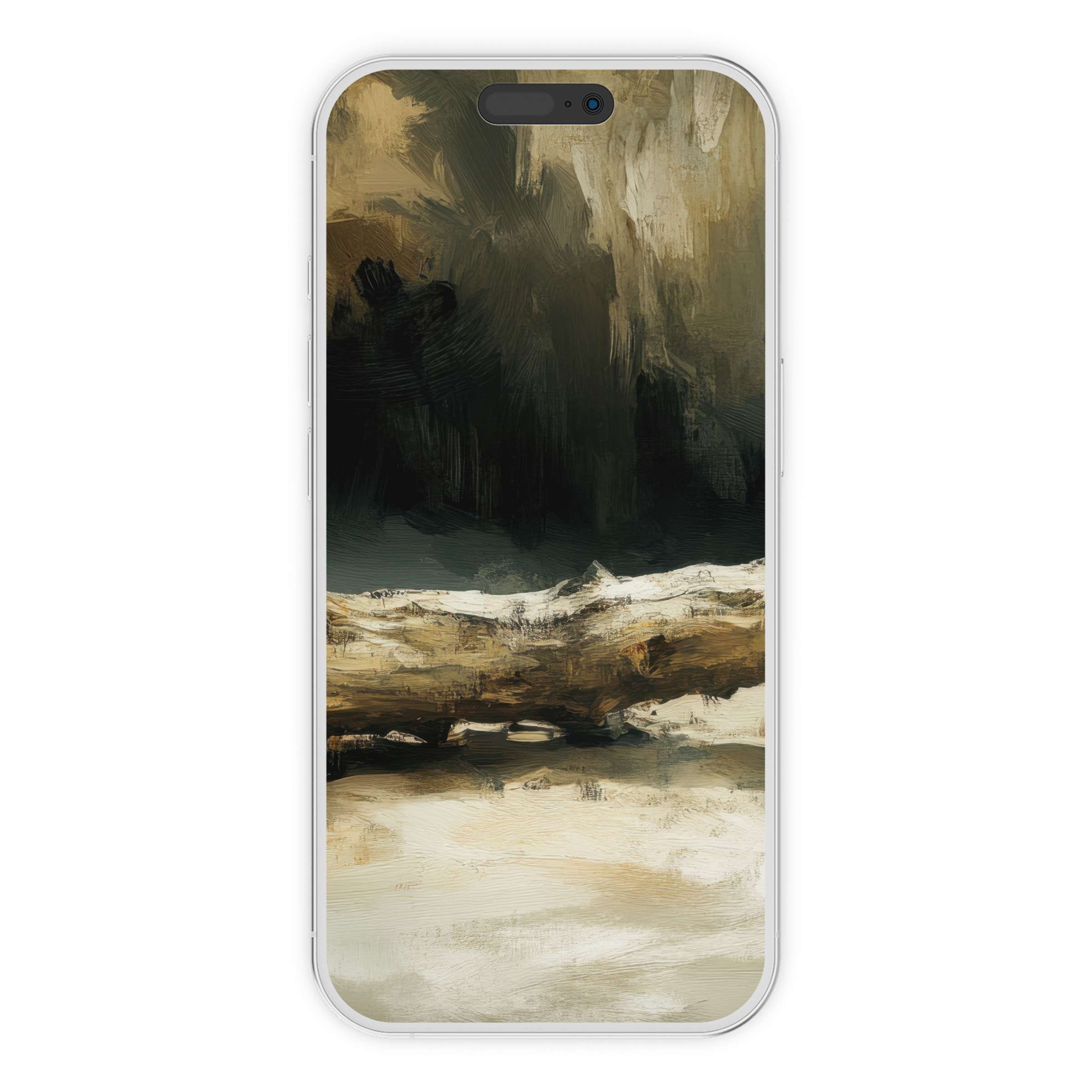 Coastal iPhone wallpaper showcasing serene driftwood art in muted tones for an elegant phone background digital download