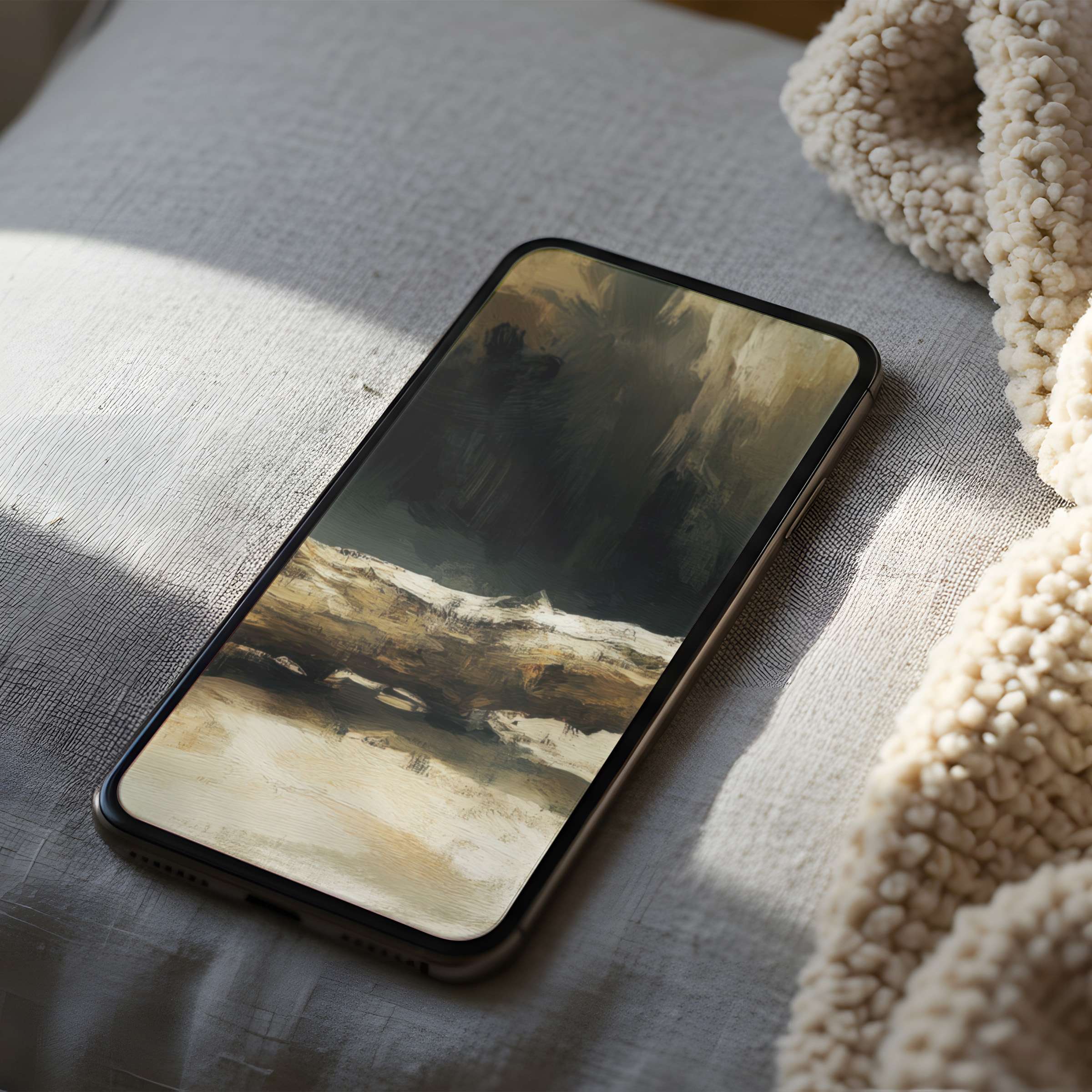 Warm, abstract phone wallpaper featuring earth tones and fluid brushstrokes evokes tranquility, perfect for high-resolution digital download