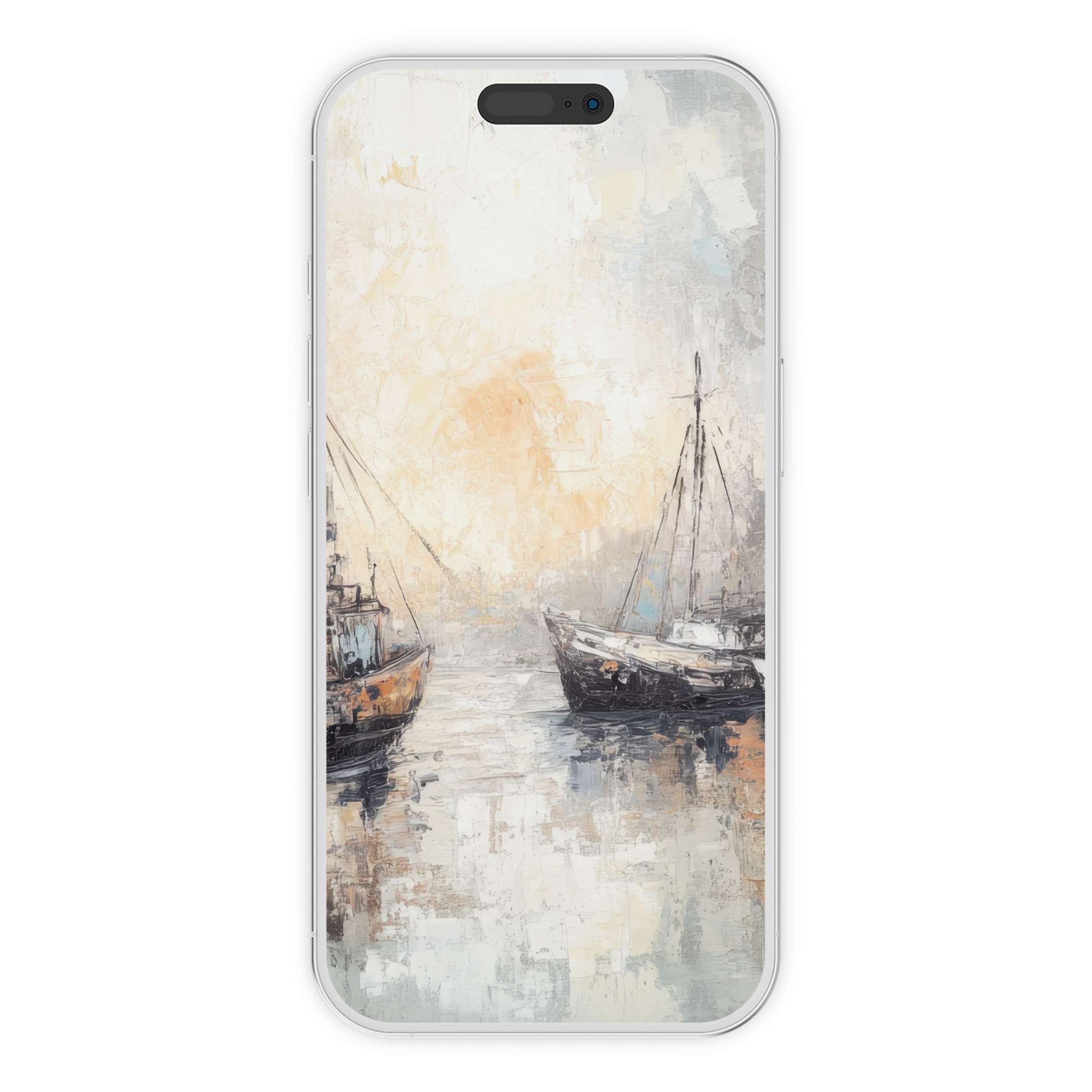 Elegant coastal iPhone wallpaper featuring serene boats in a painterly style digital download perfect for phone background use