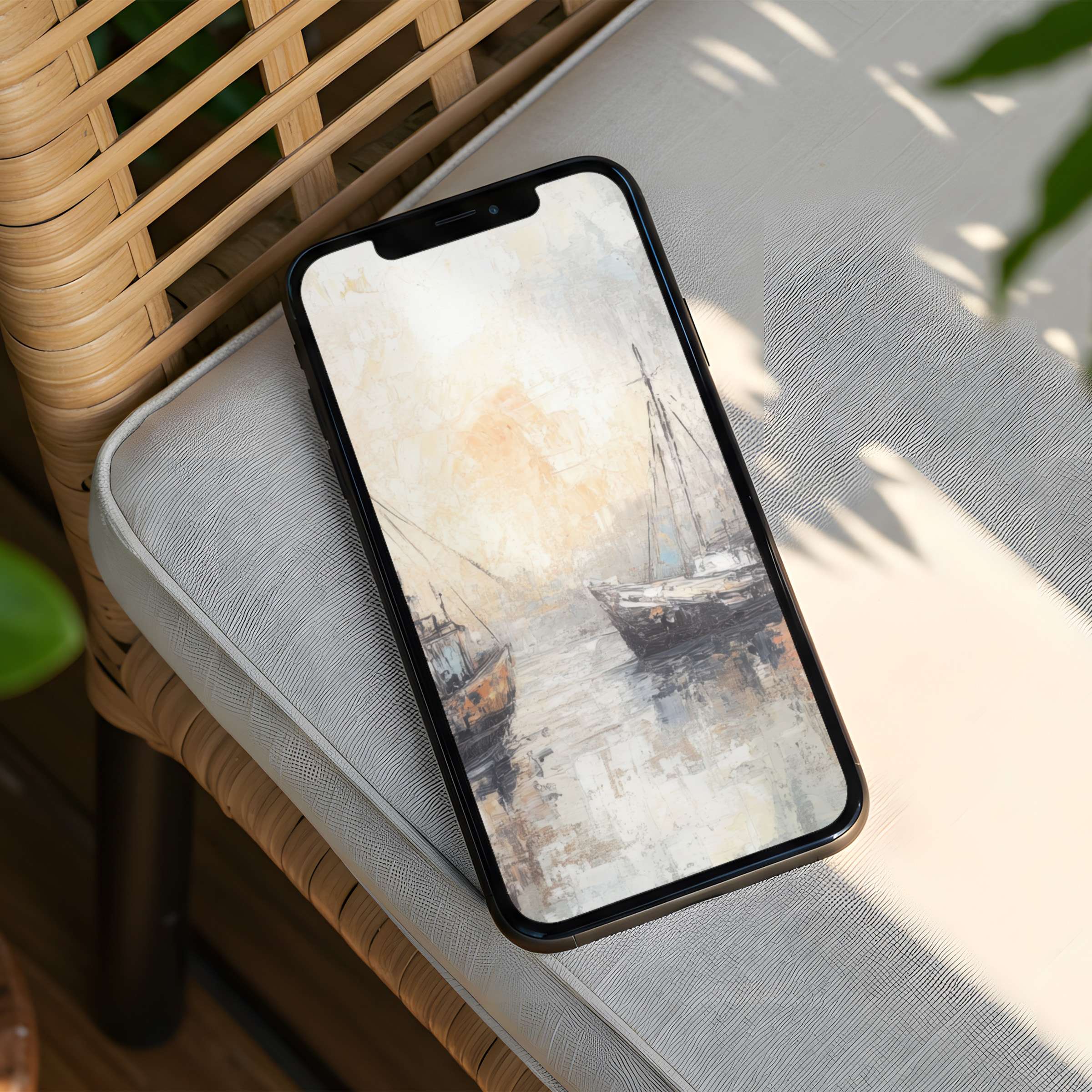 Serene watercolor ships create an inspiring iPhone background on a minimal wicker chair for instant download to your phone