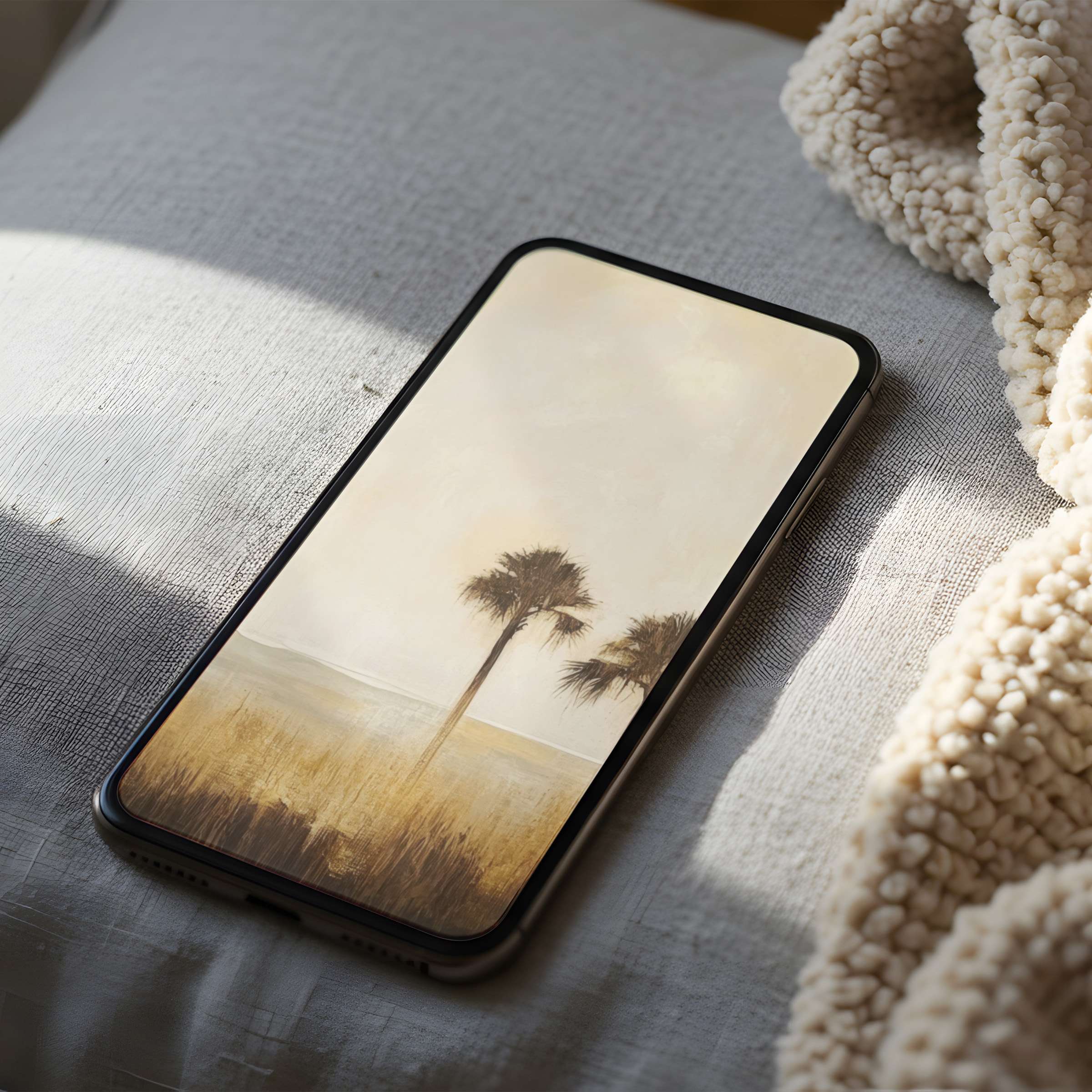 Elevate your phone wallpaper with serene palm art in soft tones, perfect for iPhone and Android, encouraging calm in daily life