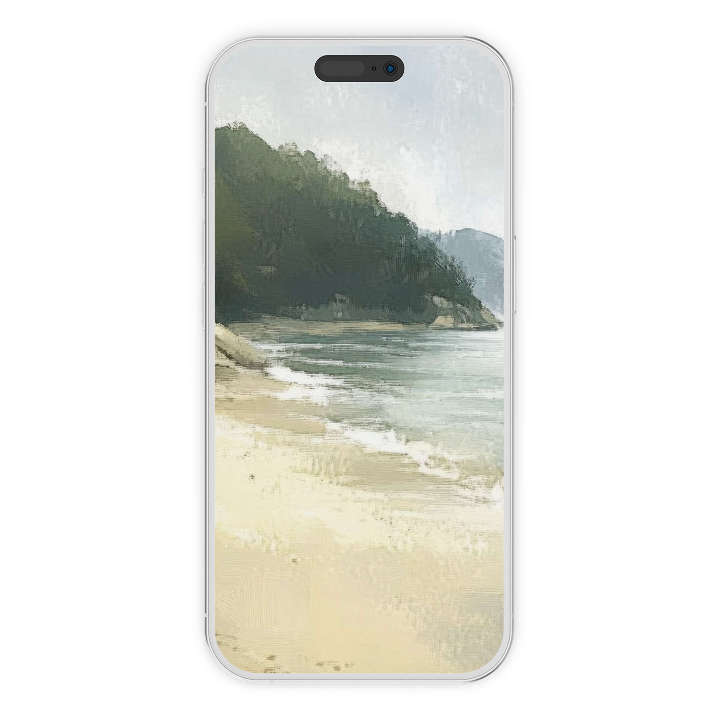 Elegant coastal iPhone wallpaper showcasing serene beach and forest scene, perfect digital download for calming phone backgrounds