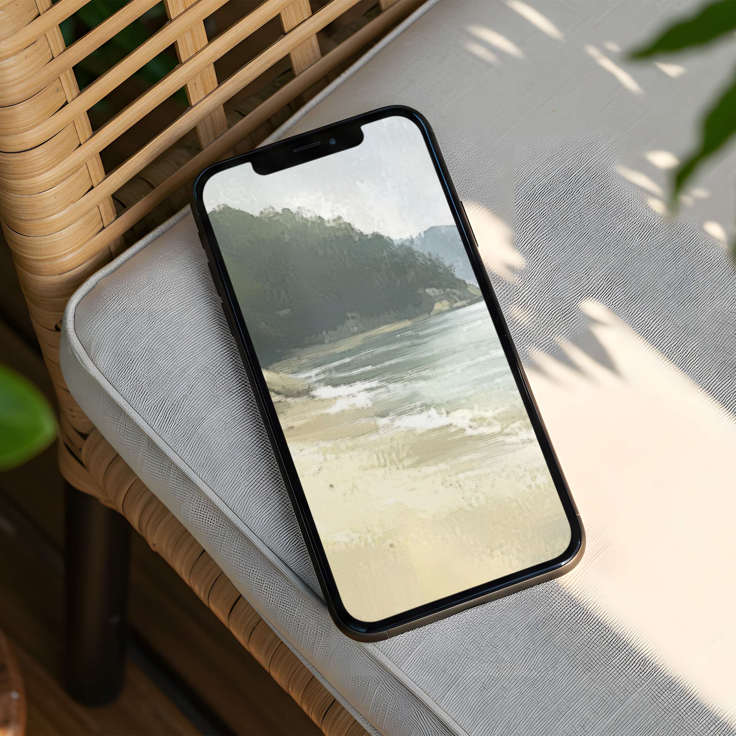 Calming coastal landscape iPhone background for instant download elevates phone elegance with serene brushstrokes inspiring mindfulness