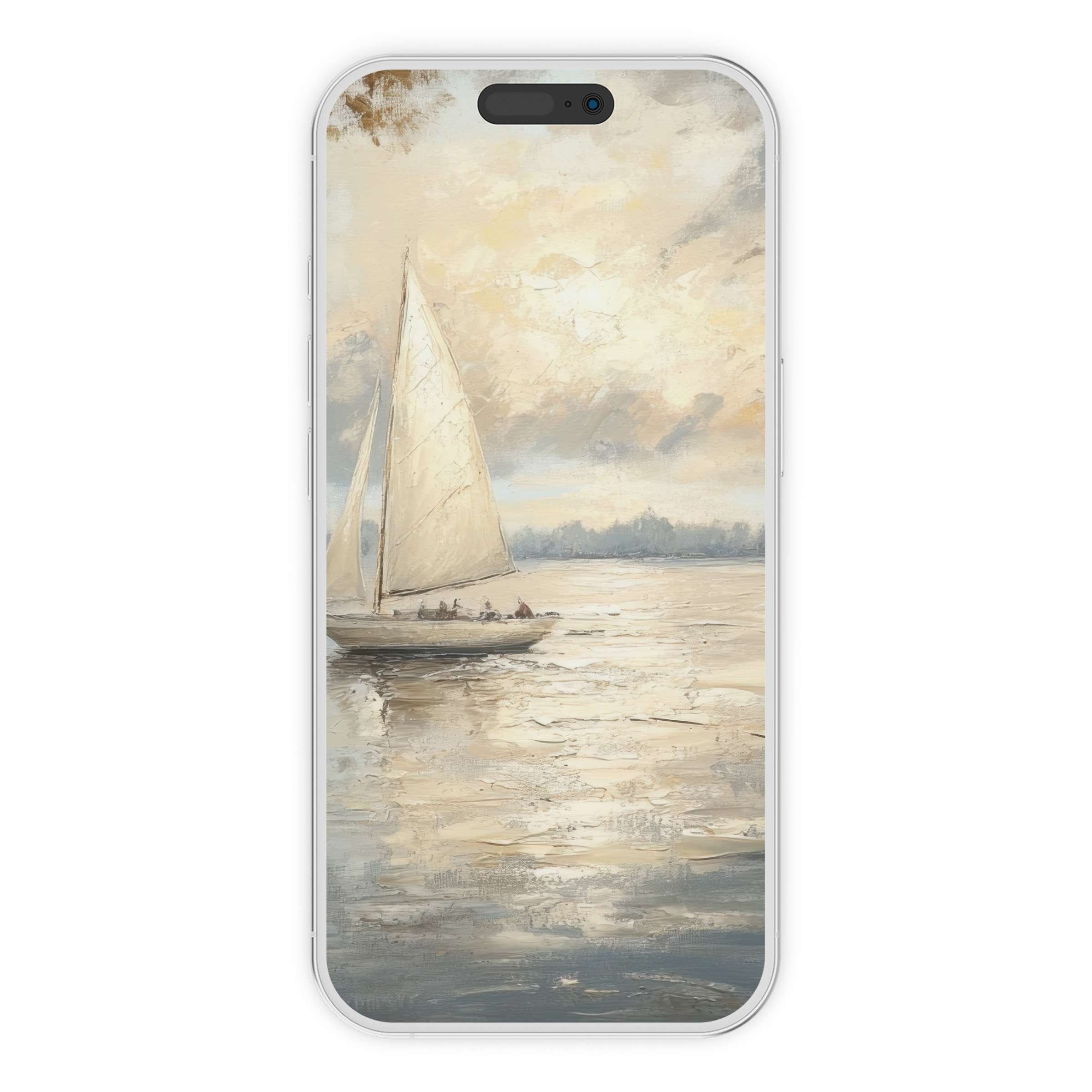 Calming coastal iPhone wallpaper with serene sailboat art in soft hues, ideal digital download for phone backgrounds, iOS and Android