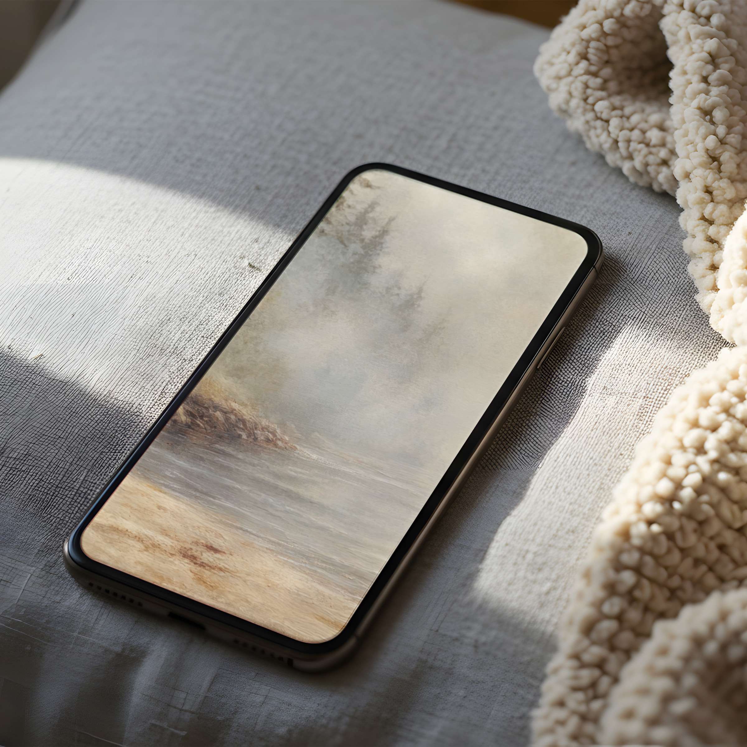 Elegant phone wallpaper showcasing serene landscape art with misty forests and tranquil waters, perfect for high-resolution downloads